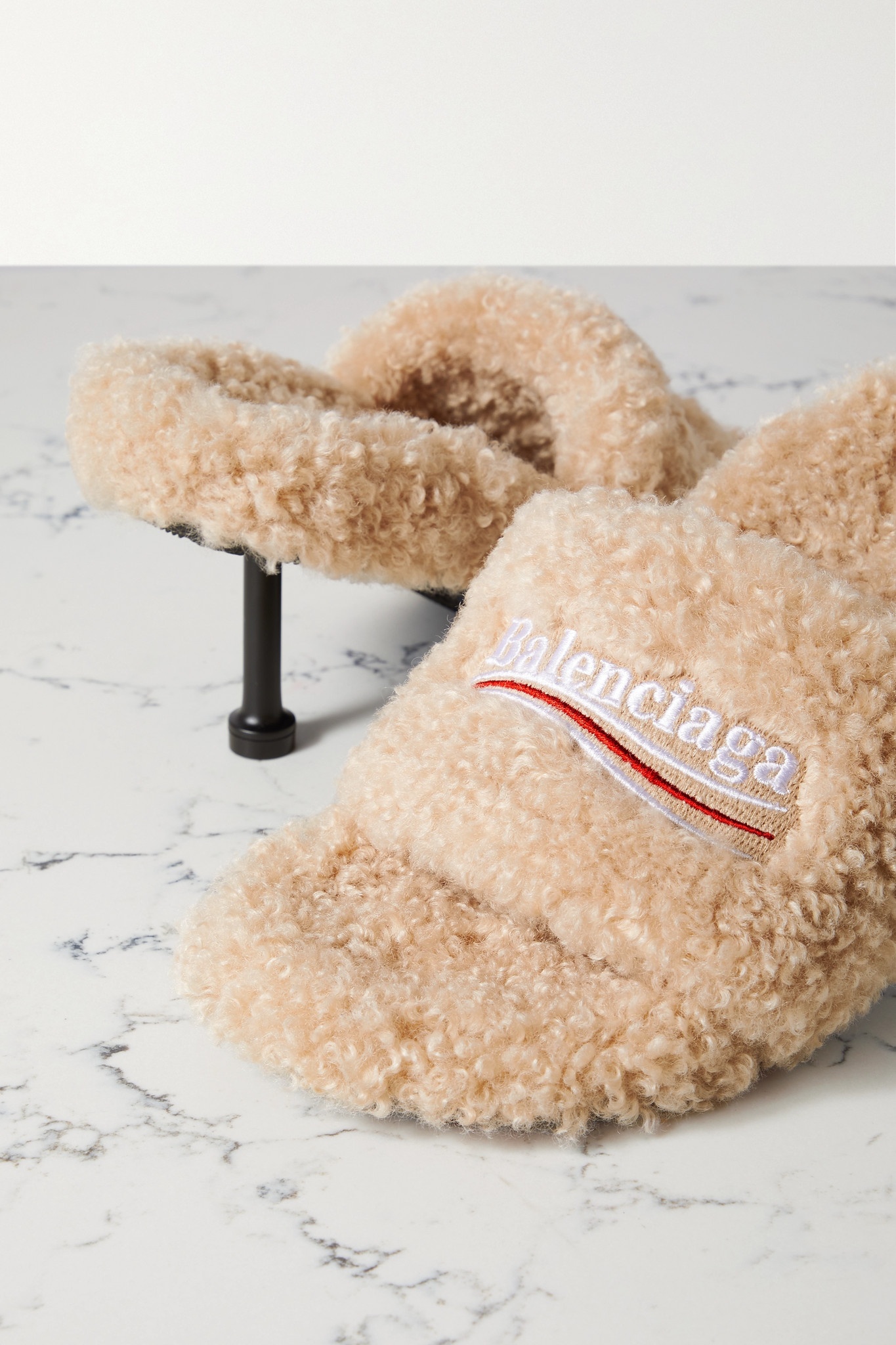 Furry logo-embroidered faux shearling mules - 4