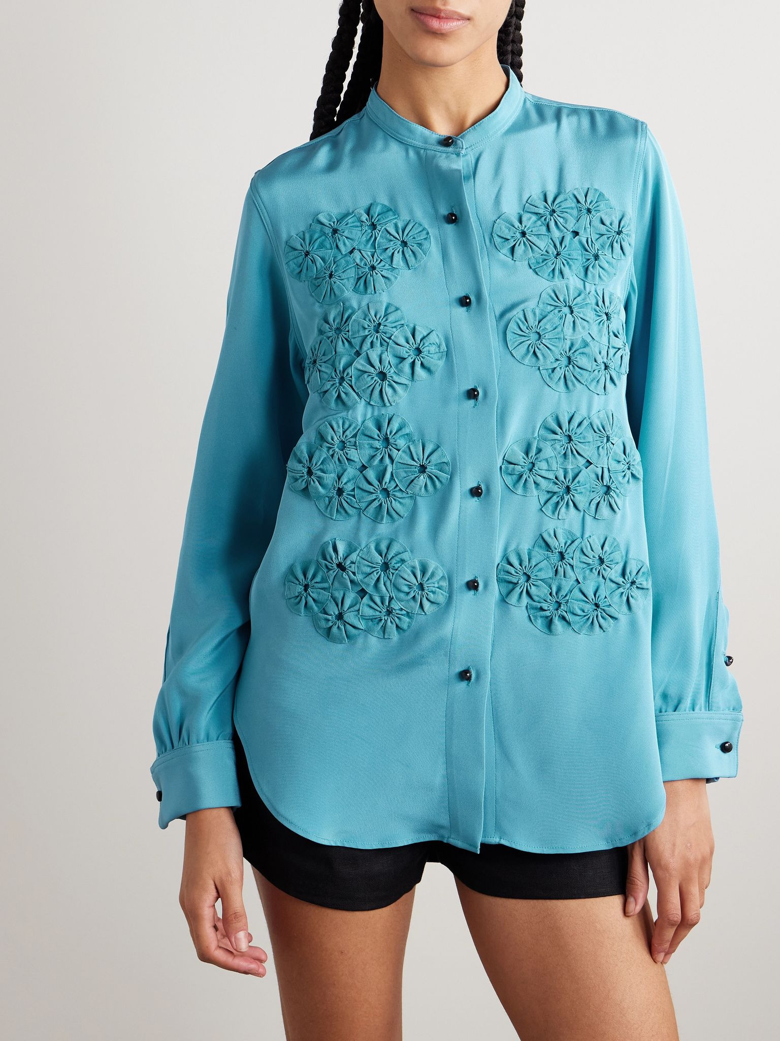 Silas appliquéd silk shirt Blue - 3
