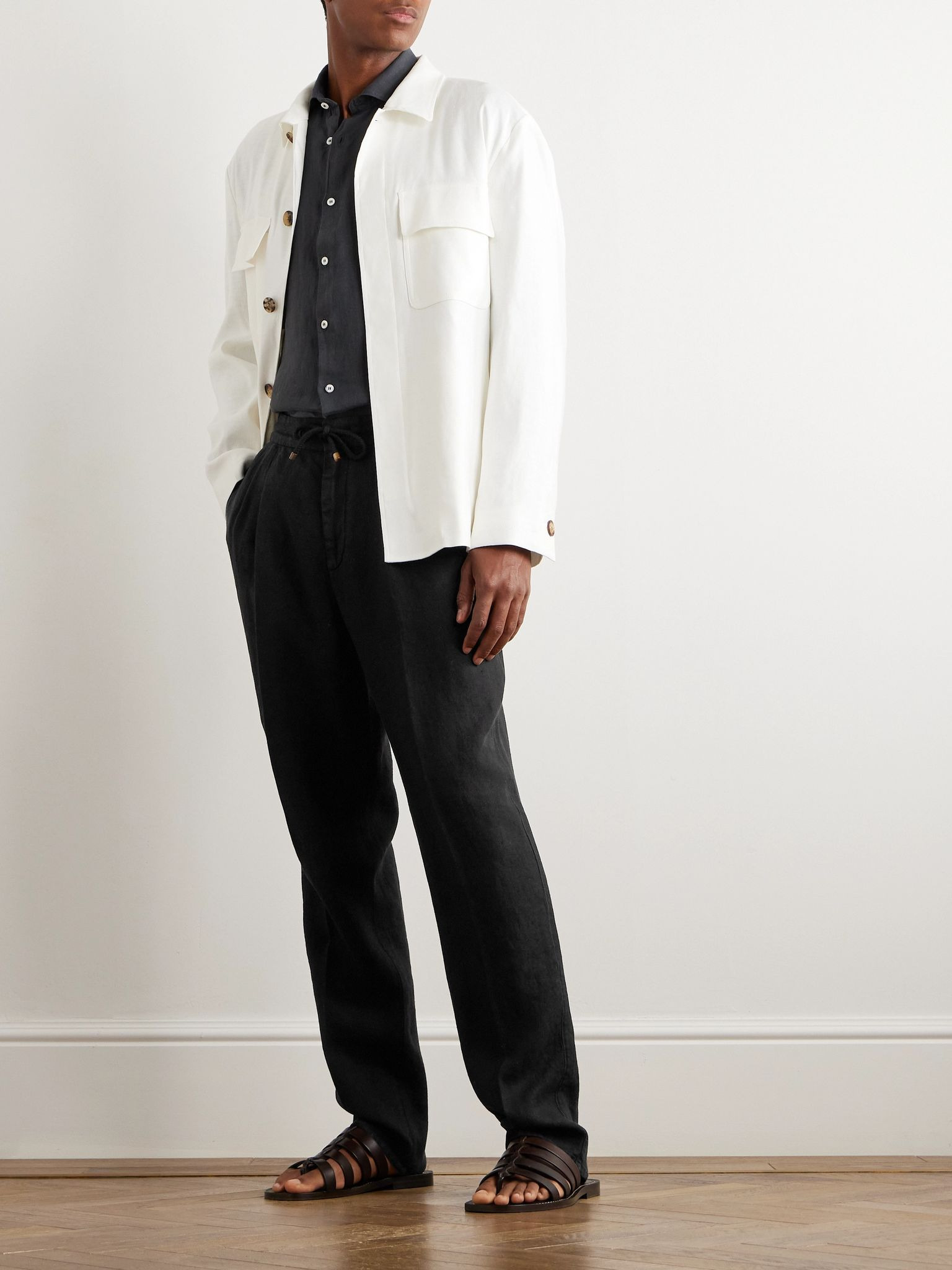 Straight-Leg Pleated Linen-Twill Drawstring Trousers Black - 2