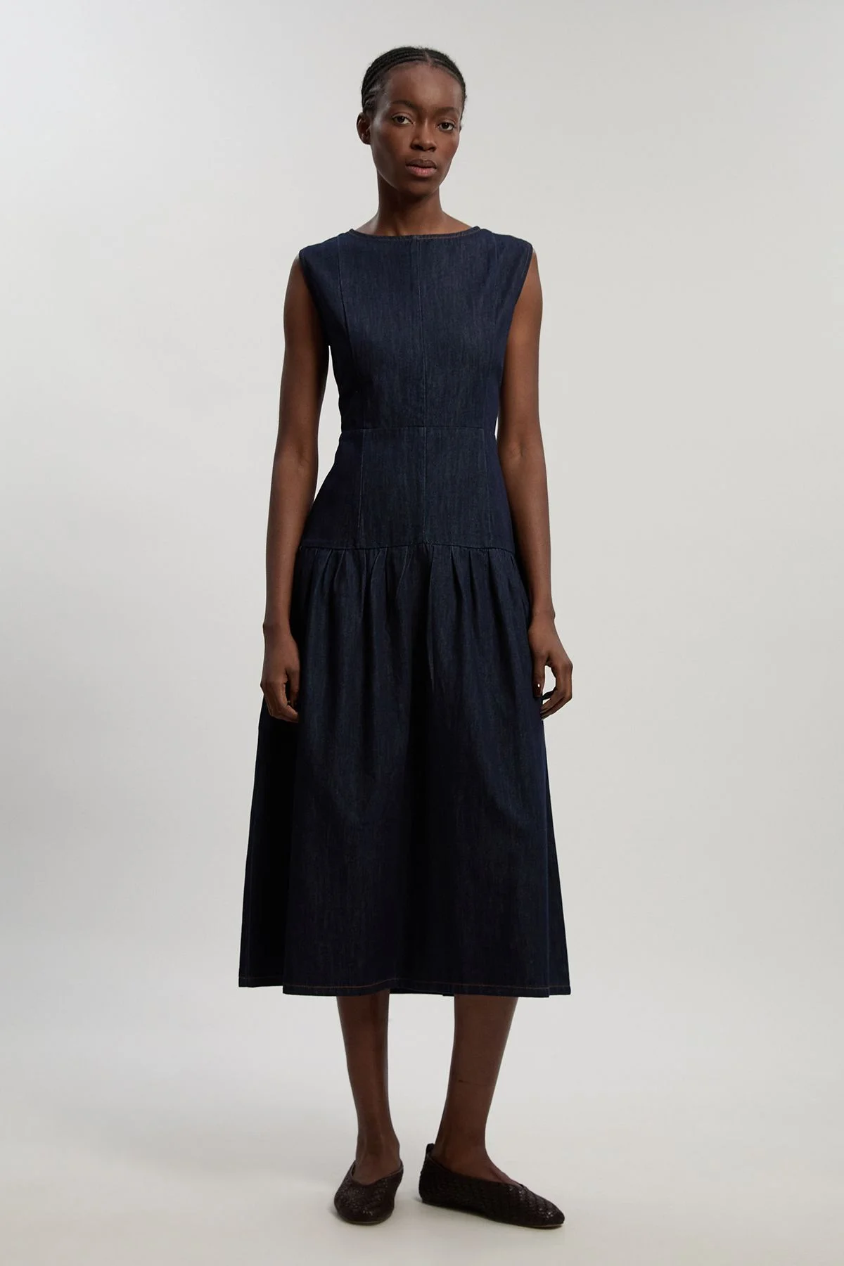 Petite Denim Dropped Waist Full Skirted Midi Dress - 1