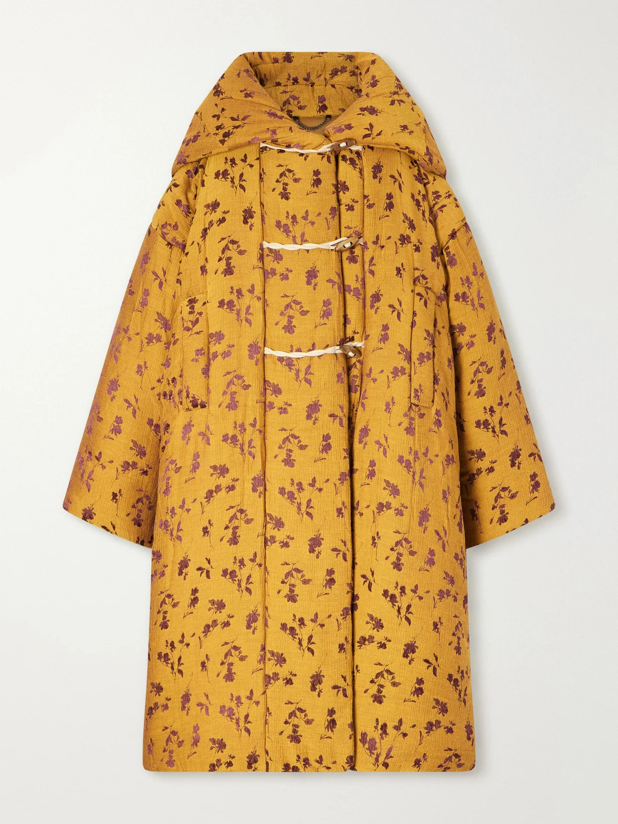 Hooded Padded Floral-jacquard Long Jacket - 1