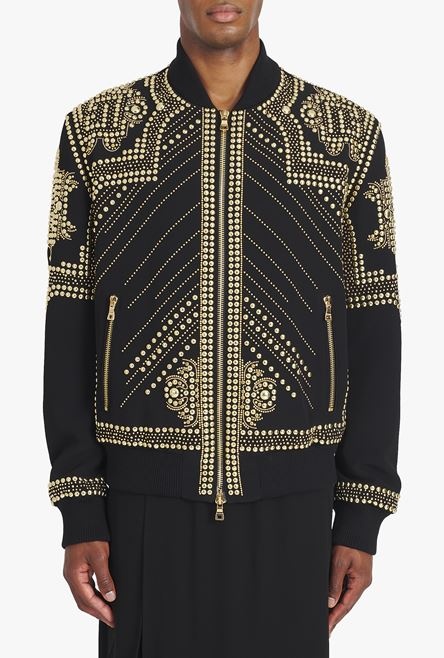 Black nylon bomber jacket with embroidered gold-tone studs - 5
