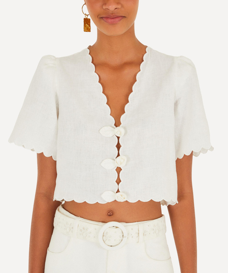 FARM RIO Off-White Roses Scallop Artisanal Top outlook