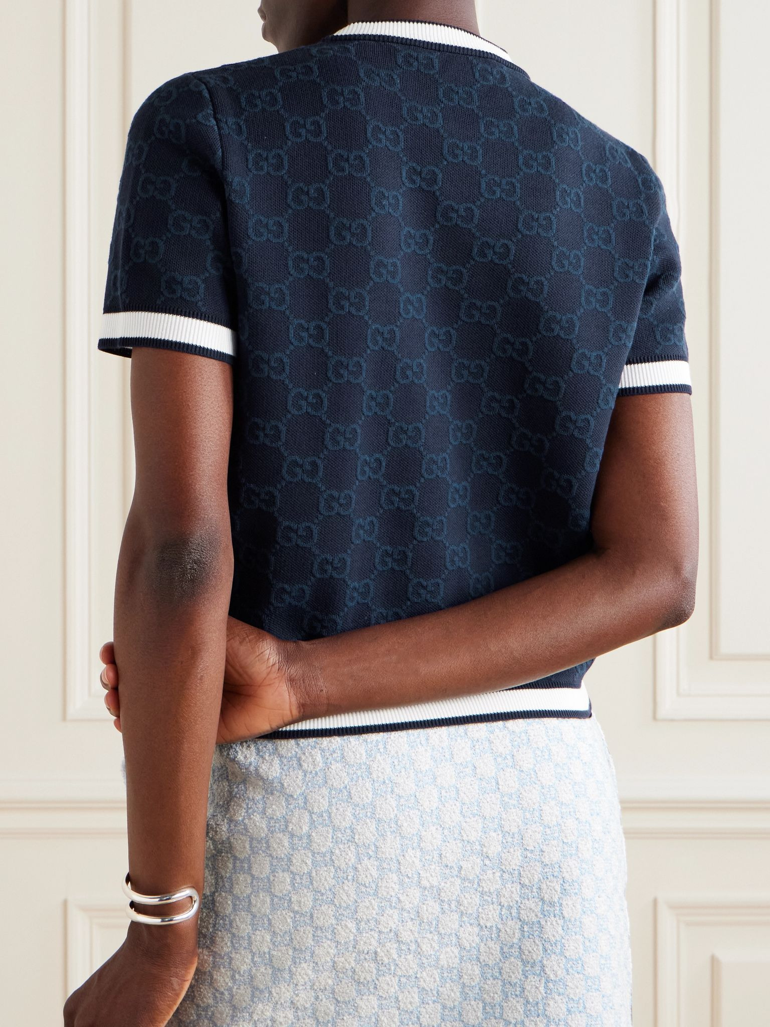 Cropped jacquard-knit cotton sweater Navy - 3