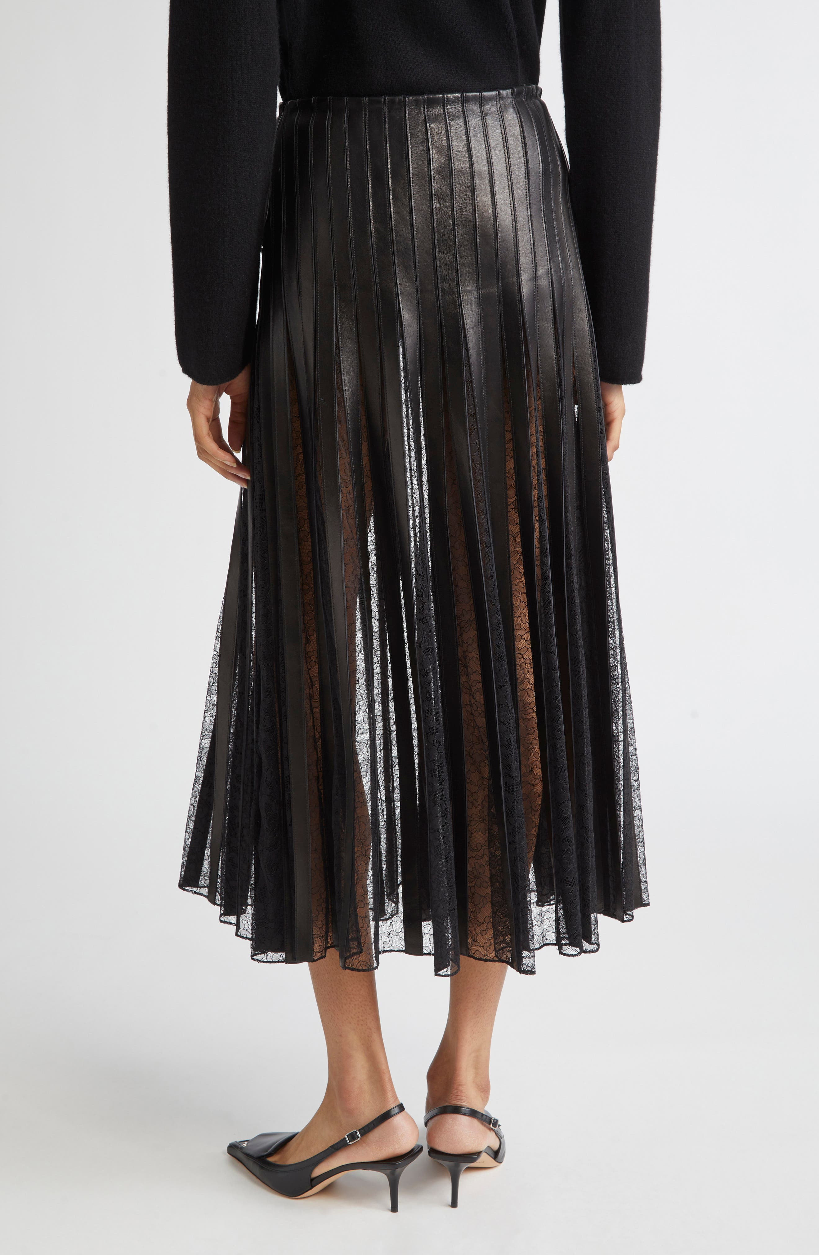 Brandon Maxwell Alix Leather Strip & Lace Skirt in Black at Nordstrom - 3