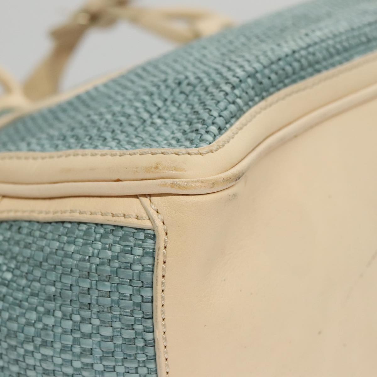 CELINE Hand Bag Straw Leather Blue Cream Gold - 15