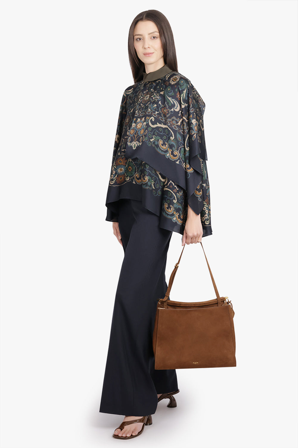 SCARF S/S FLORAL PRINT HIGH NECK DRAPE BLOUSE | NAVY/MULTI - 2