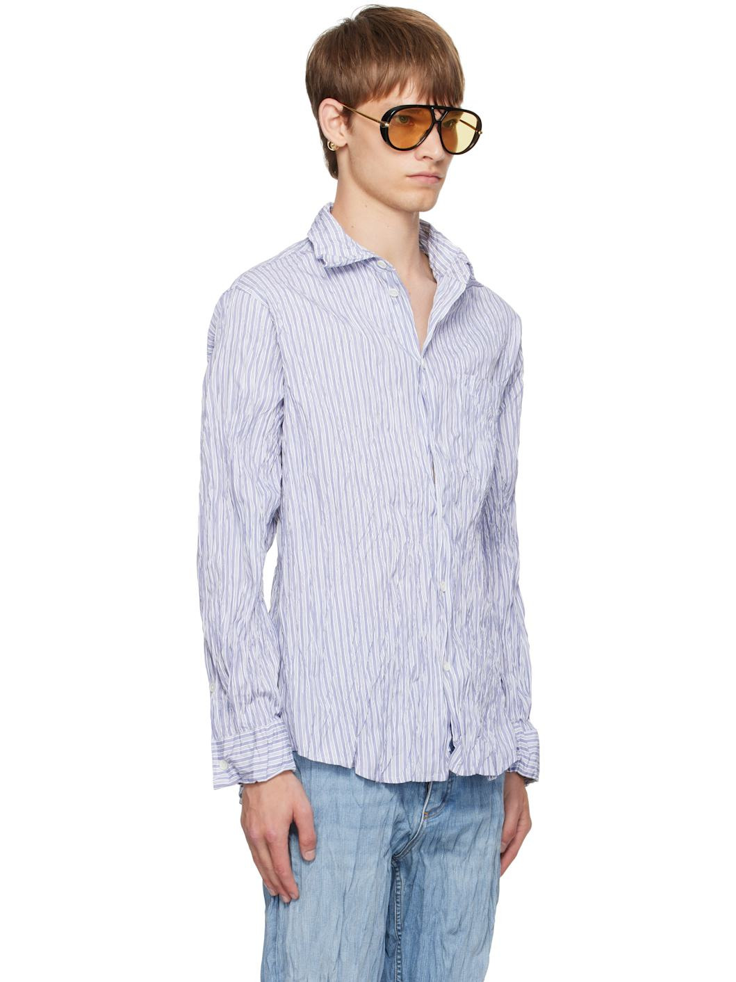 White & Navy Crushed Cotton Striped Shirt - 2