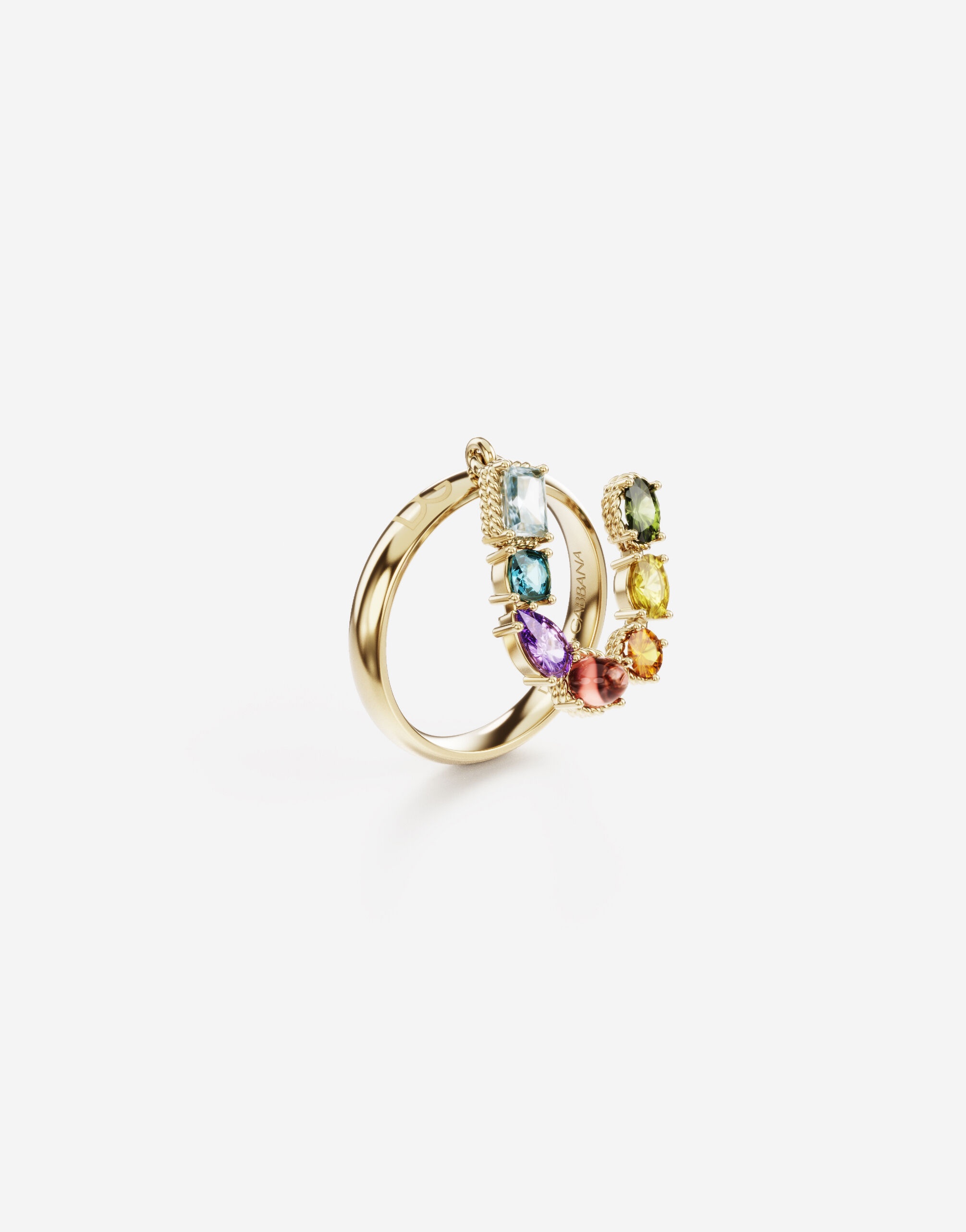 Rainbow alphabet U ring in yellow gold with multicolor fine gems - 3