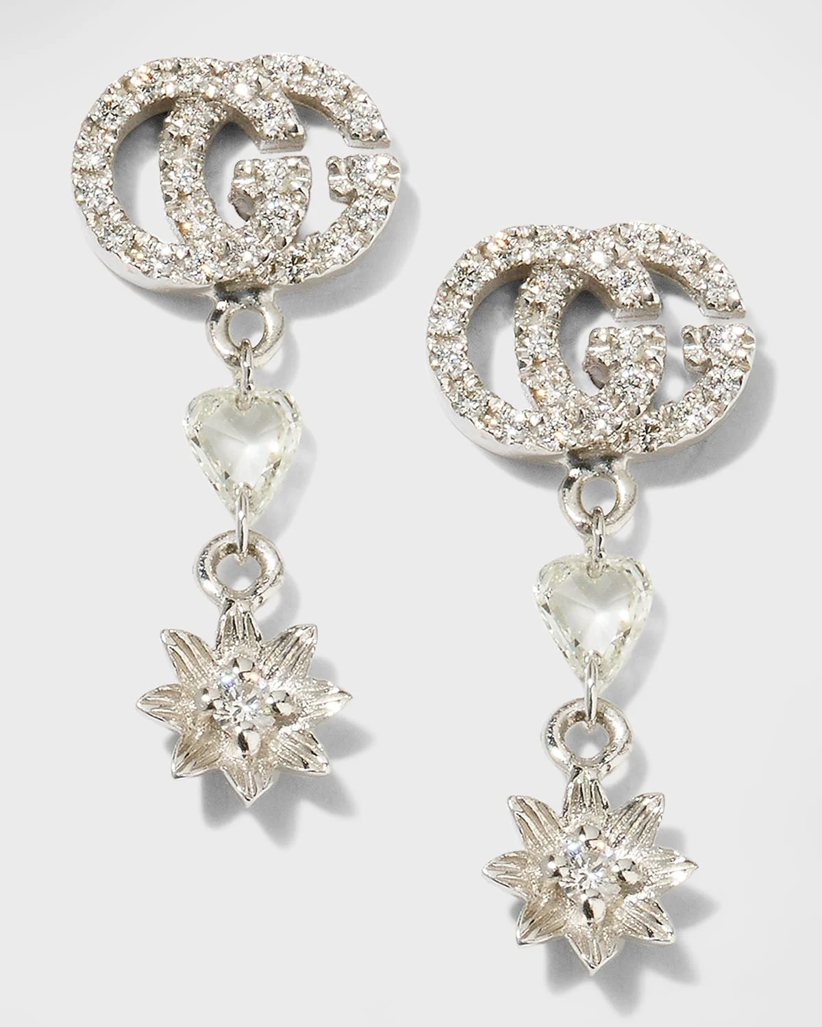 18k White Gold Diamond Flora GG Drop Earrings - 1