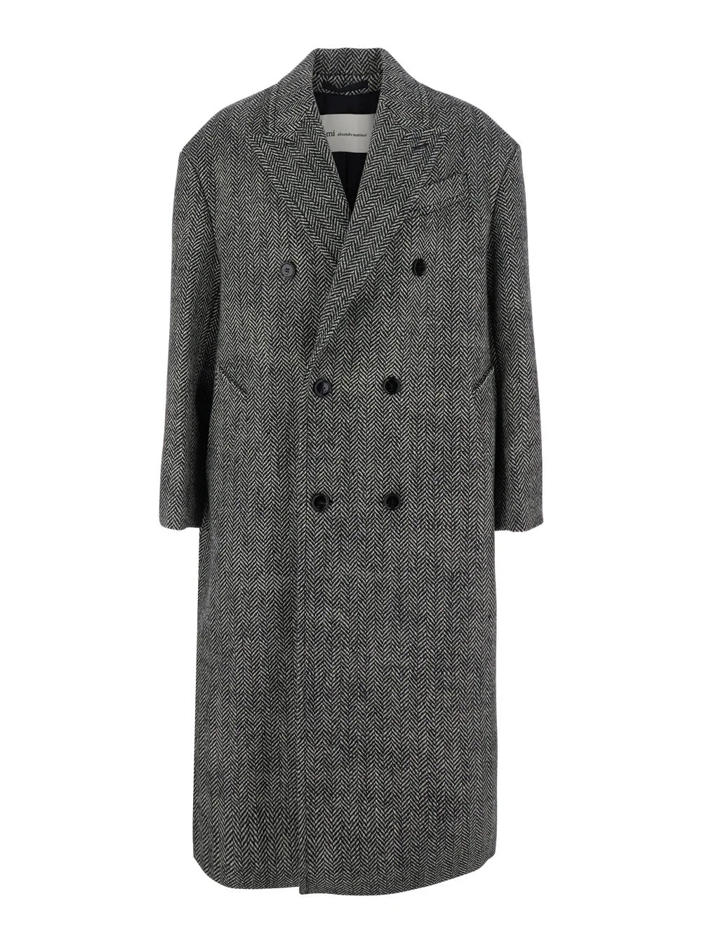 Ami Paris Men Grey Long Double-Breasted Coat With Peak Revers And All-Over Herringbone Motif In Wool - 1