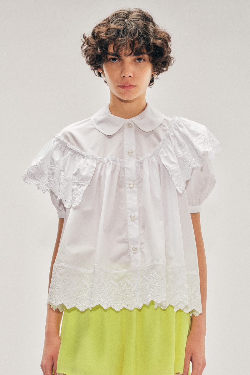 Cropped Puff Sleeve Ruffle Frill Trim Shirt 1