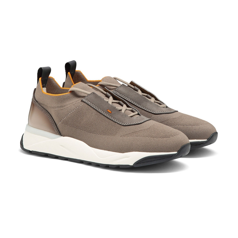 Santoni Men's beige stretch knit and leather sneaker outlook