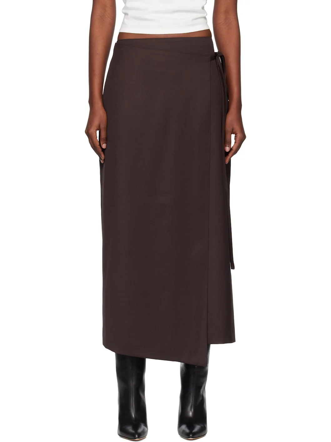 Brown Wool Wrap Midi Skirt - 1