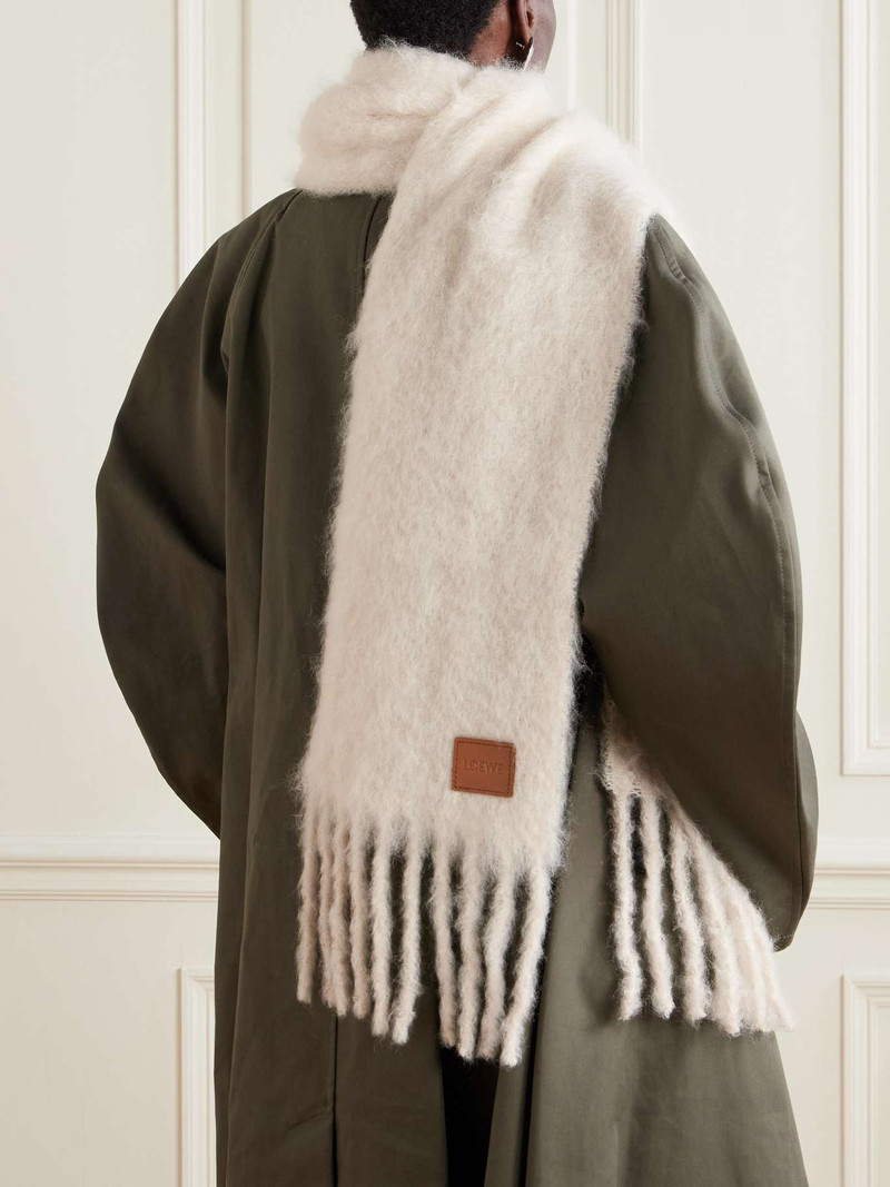 Loewe Fringed appliquéd leather-trimmed brushed mohair-blend scarf Off-white outlook