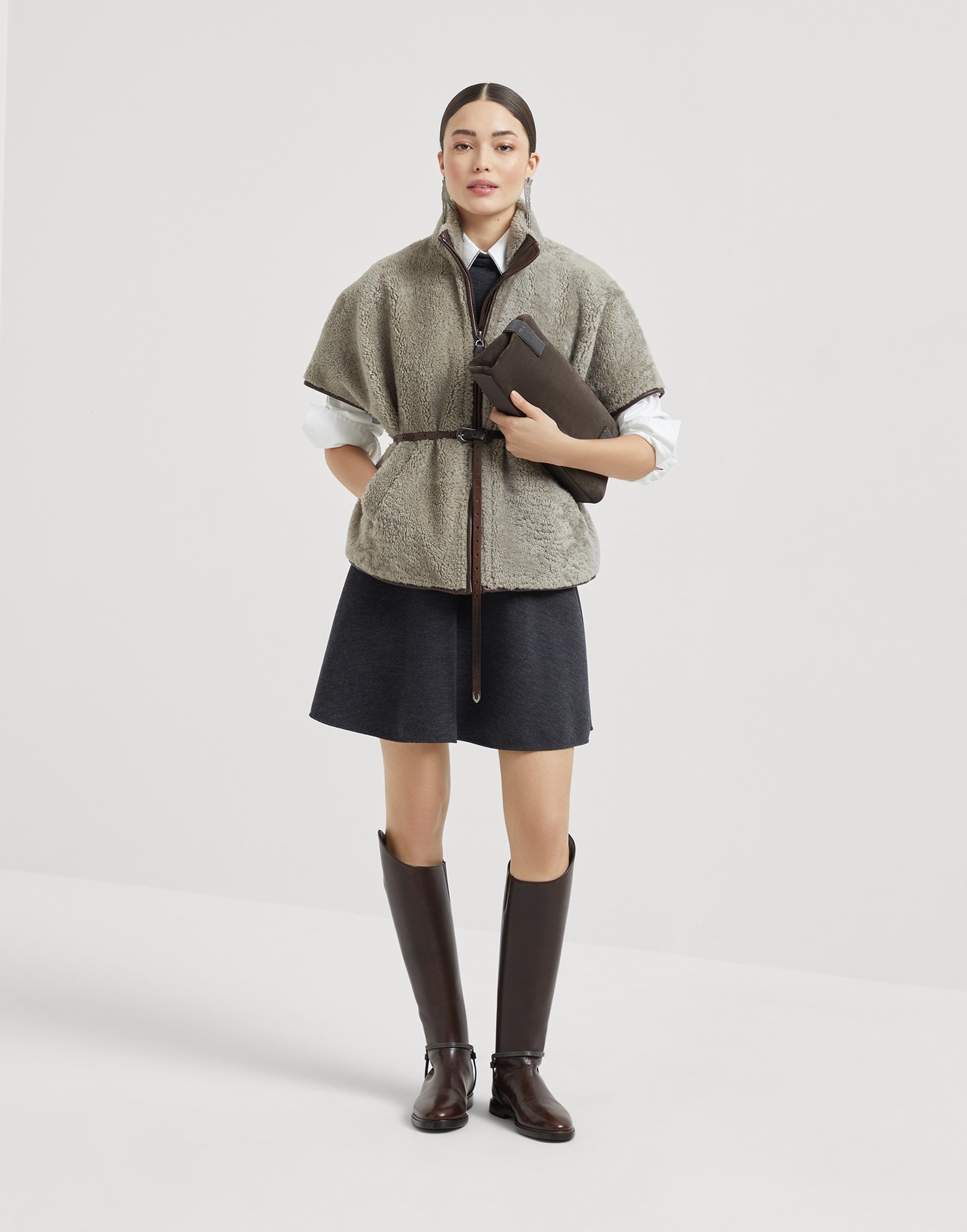 Stretch virgin wool jersey mini dress with monili - 5