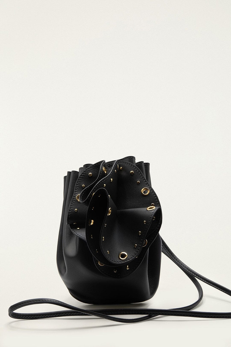 Black Leather Studded Crossbody Flower Bag 1