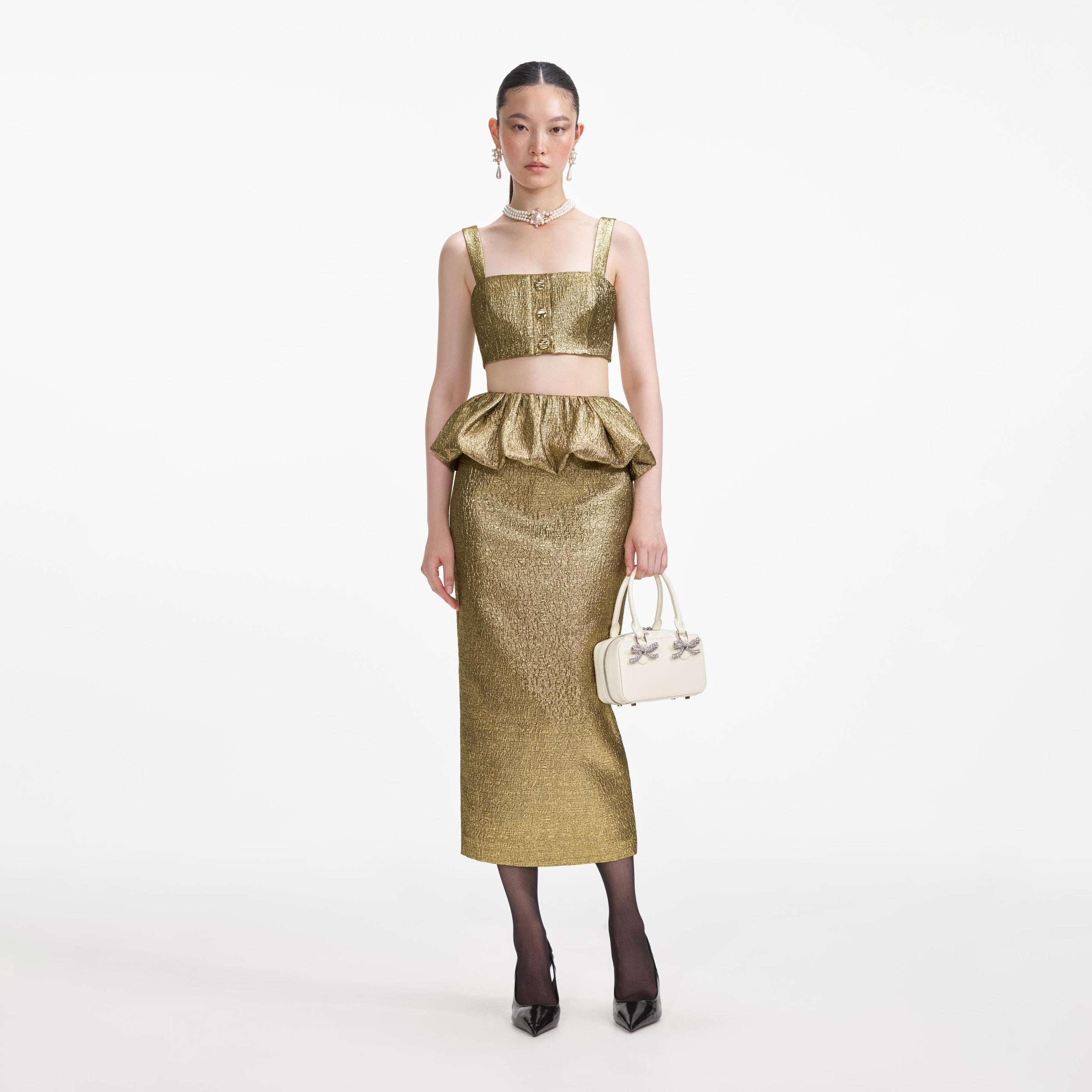 Gold Metallic Jacquard Midi Skirt - 1