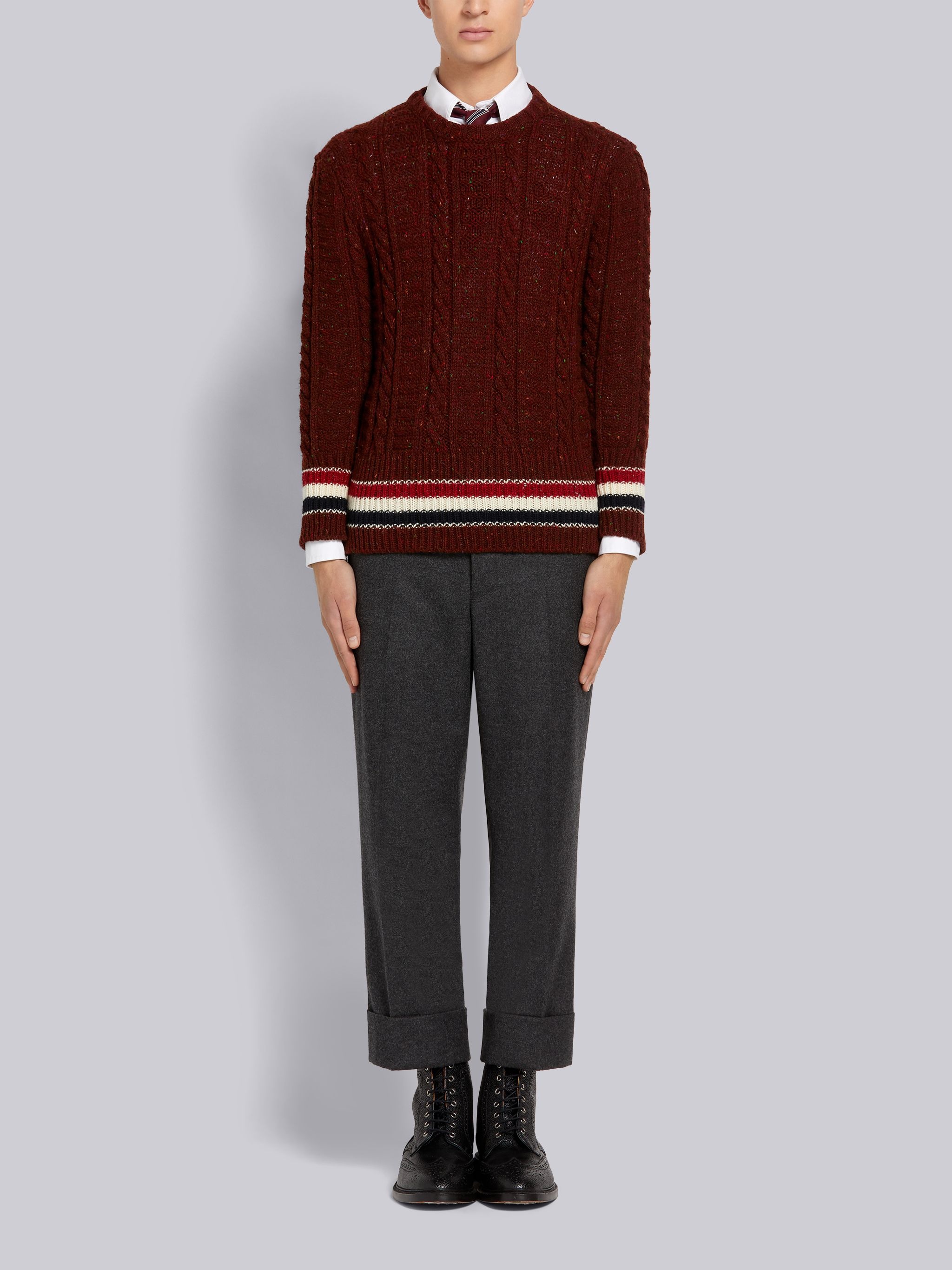 Dark Red Donegal Tweed Filey Stitch Stripe Detail Classic Crew Neck Pullover - 4