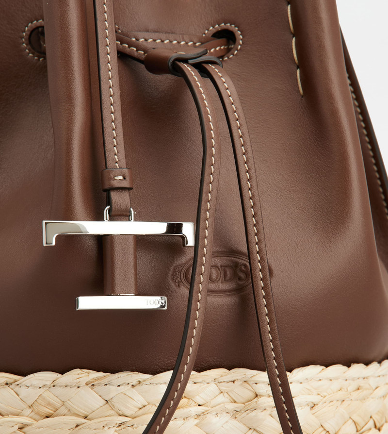 BUCKET BAG IN STRAW AND LEATHER MINI - BROWN, NATURAL 4