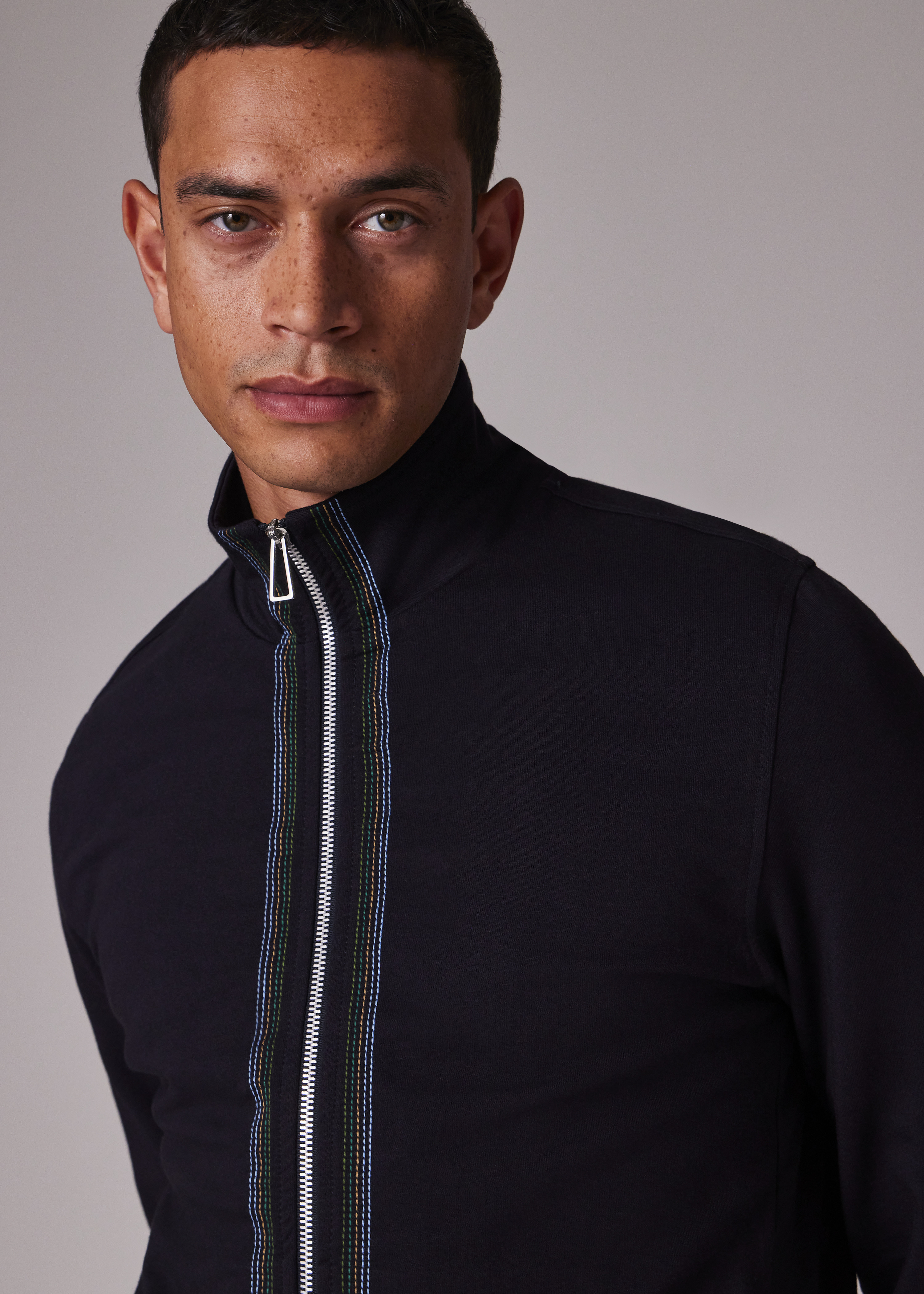Navy Cotton-Blend Zip Sweatshirt with Contrast Placket Trim - 3