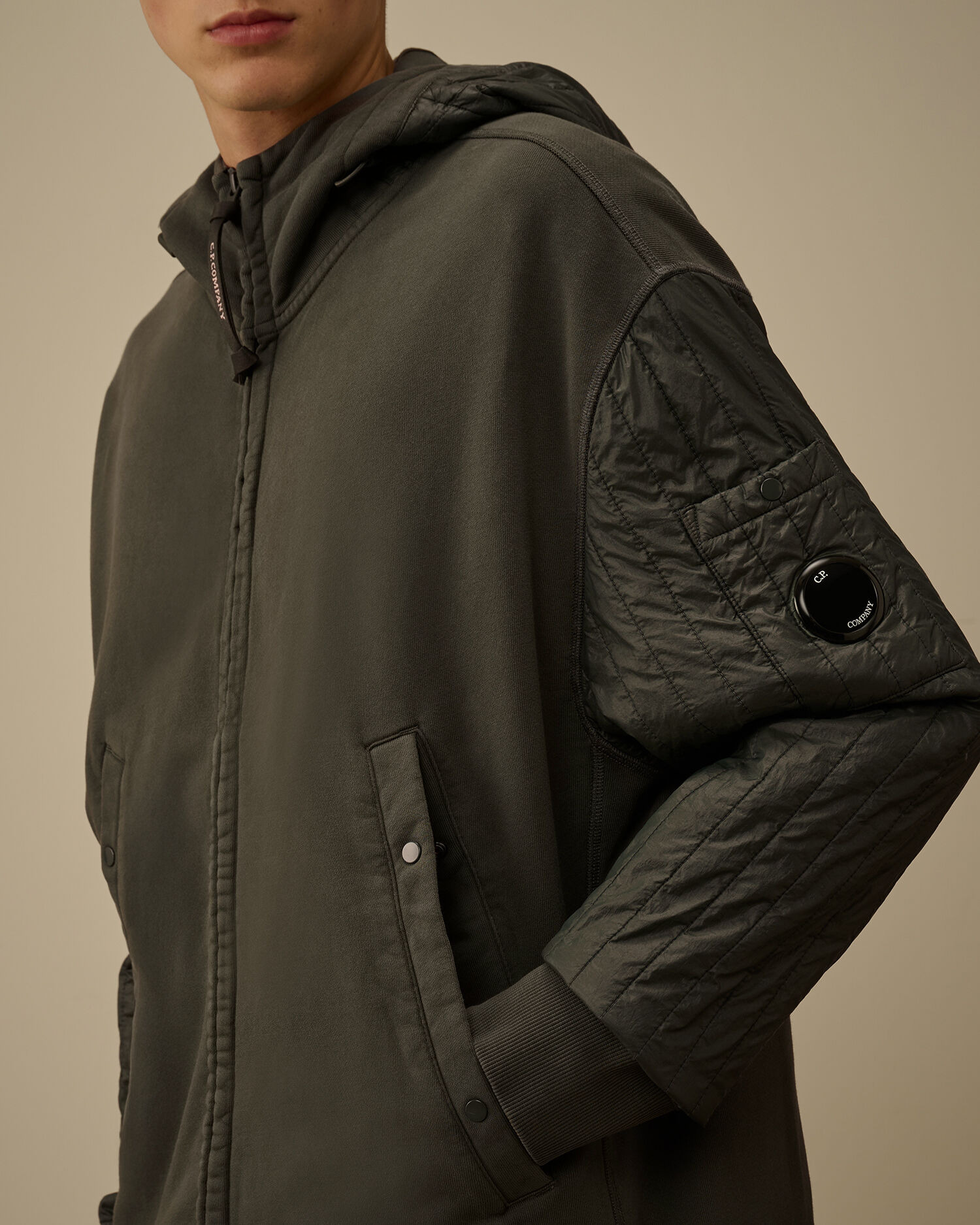 Diagonal Raised Fleece Mixed Full Zip Hooded Sweatshirt - 5