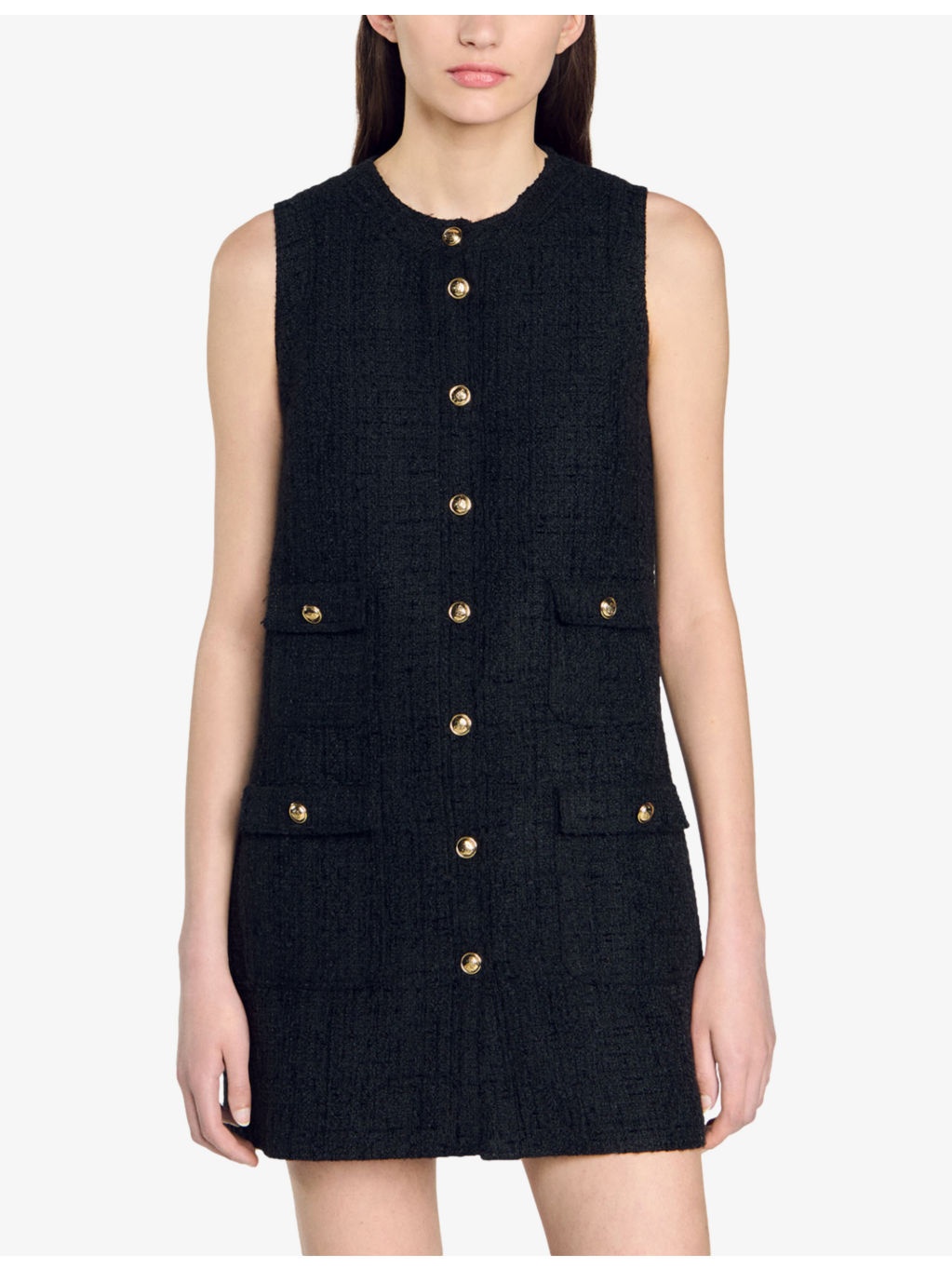 Sleeveless Gold-Toned Buttons Woven Mini Dress - 3