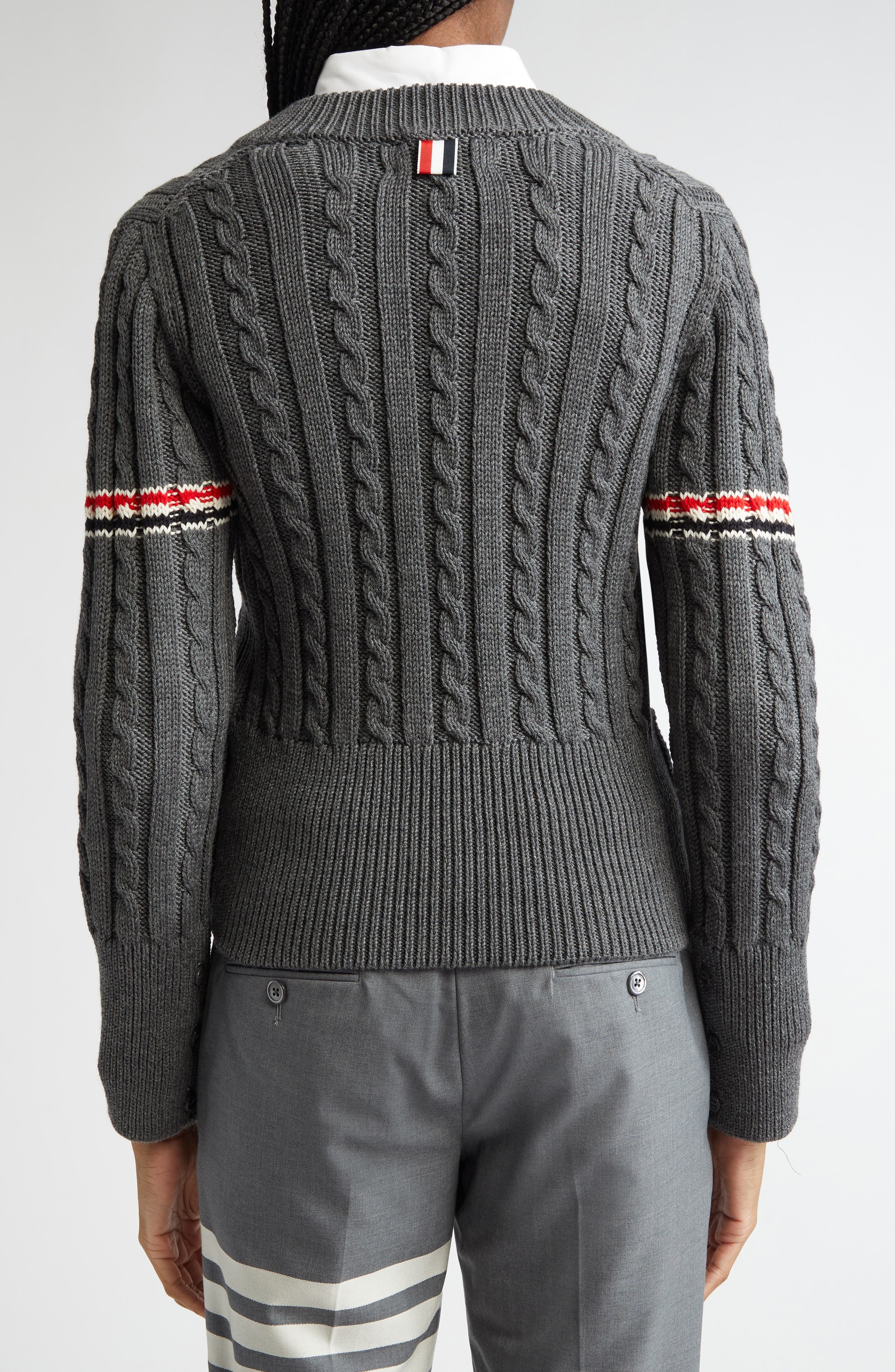 Thom Browne Cable Knit Virgin Wool V-Neck Sweater in Medium Grey at Nordstrom - 3