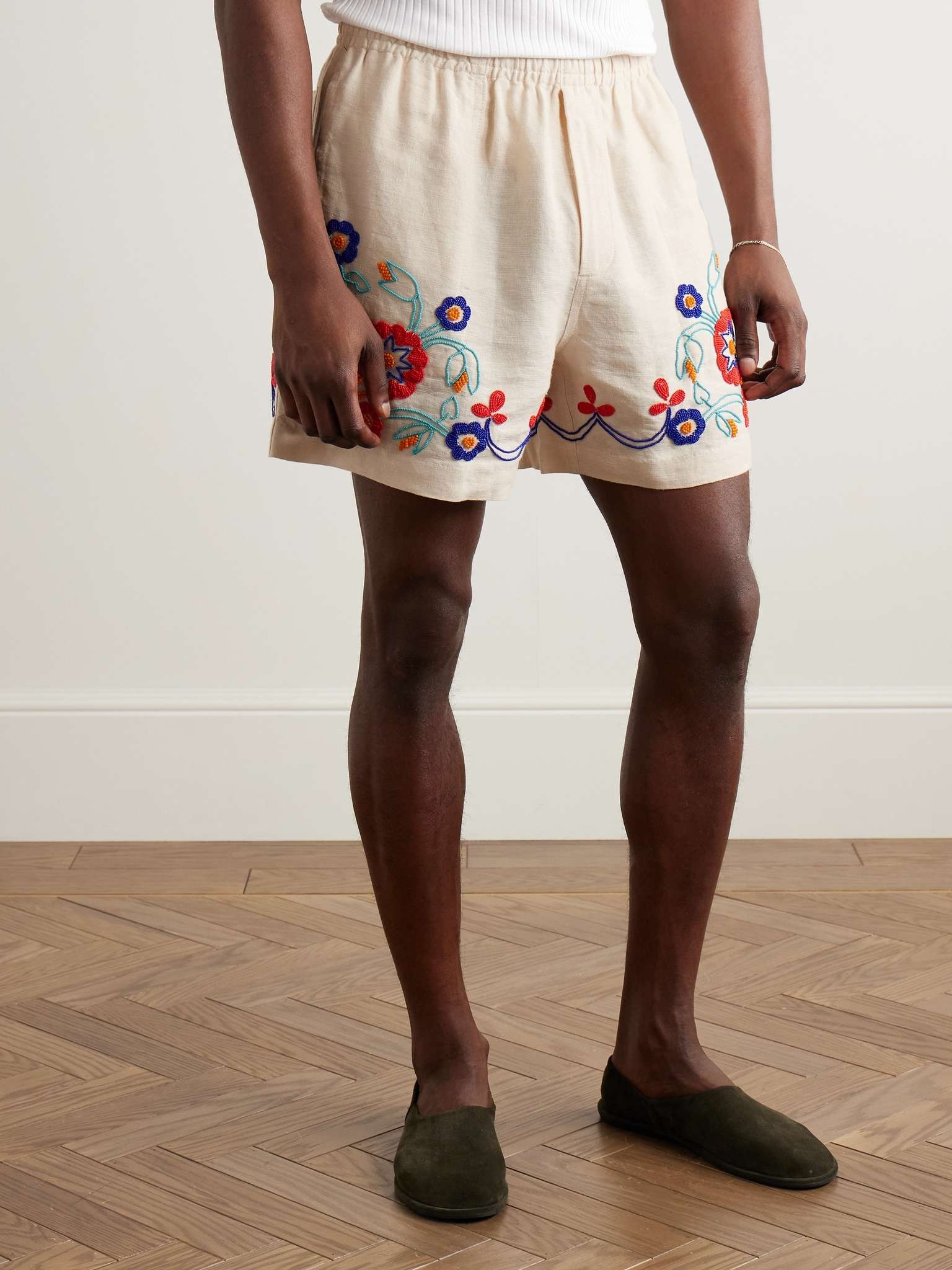 Garden Party Straight-Leg Bead-Embellished Linen Shorts - 3