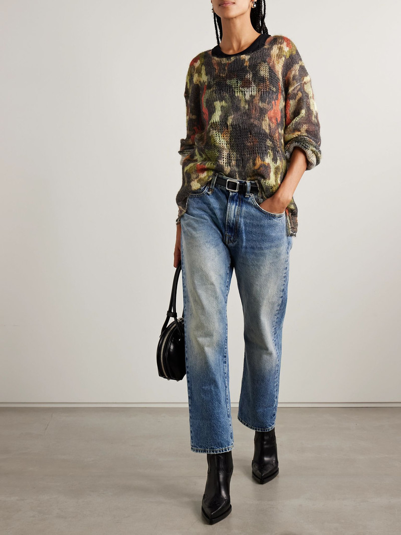R13 Boyfriend distressed camouflage-print open-knit sweater Green outlook