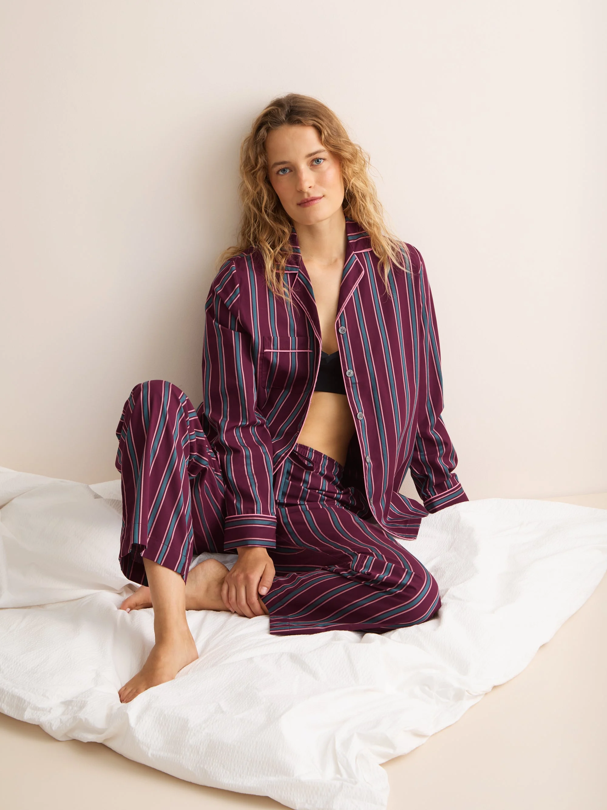 Capri Cotton Batiste Pajamas Wine & Teal Stripe - 1