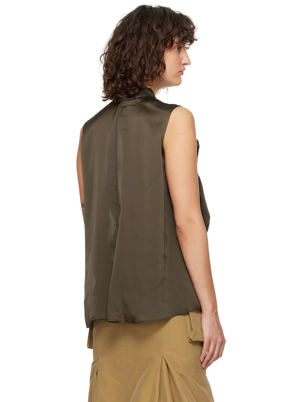 Khaki Satin & Chiffon Blouse - 3