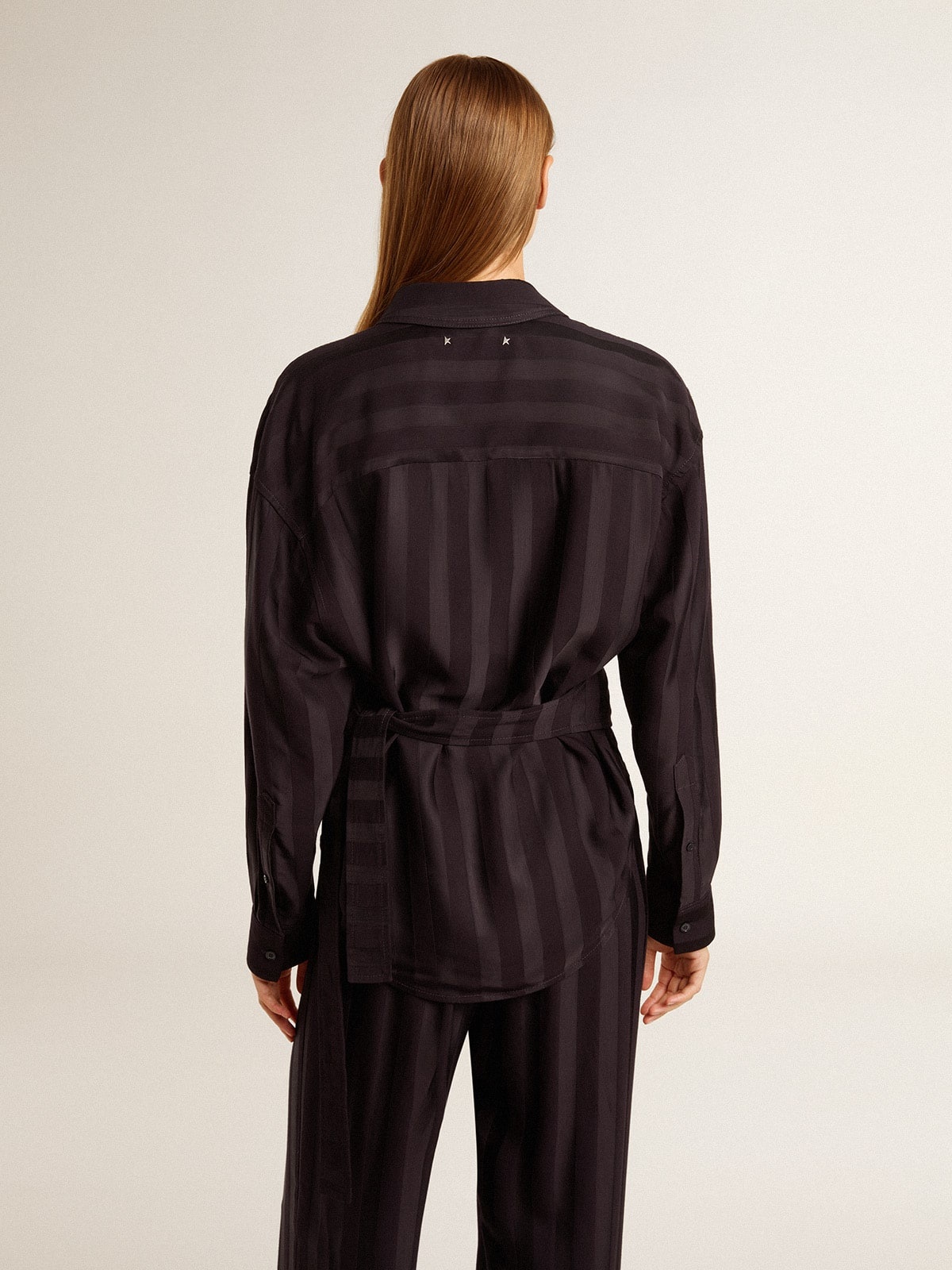 Women's black shirt with vertical stripes and side knot closure - 4