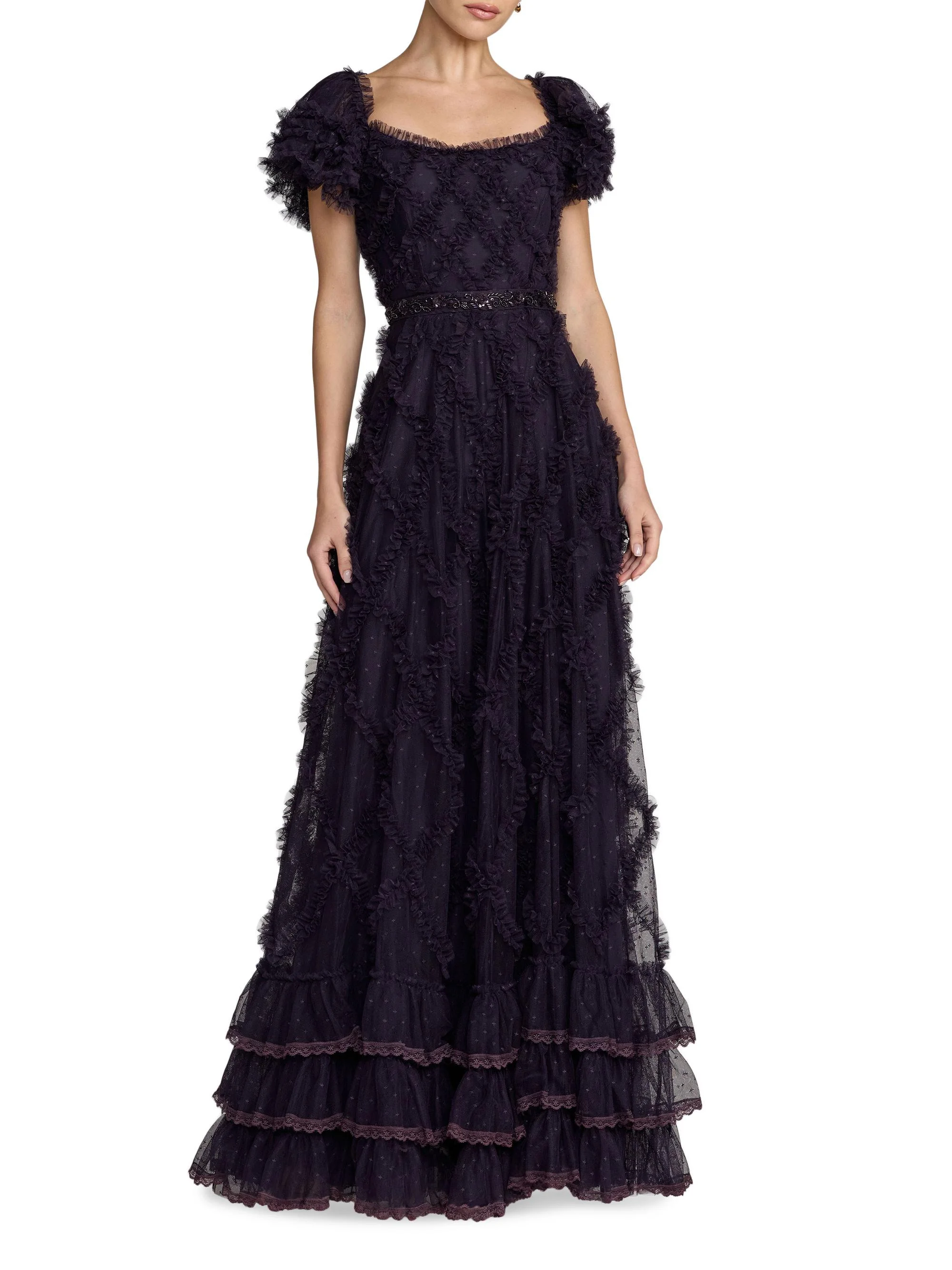 Women's Ruffled Mesh Short-Sleeve Gown - Midnight - 1