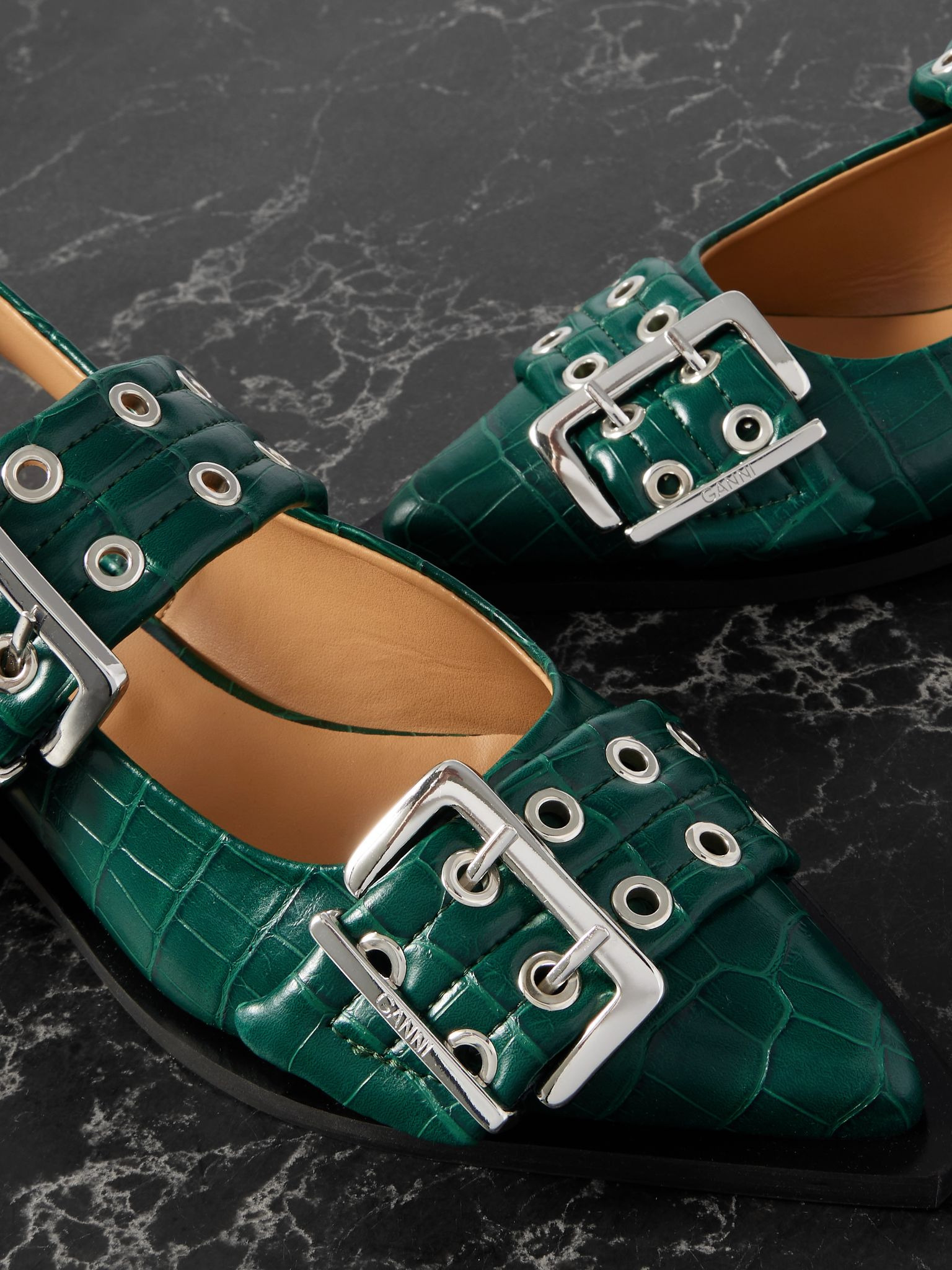 Embellished glossed recycled point-toe slingback flats Green - 4