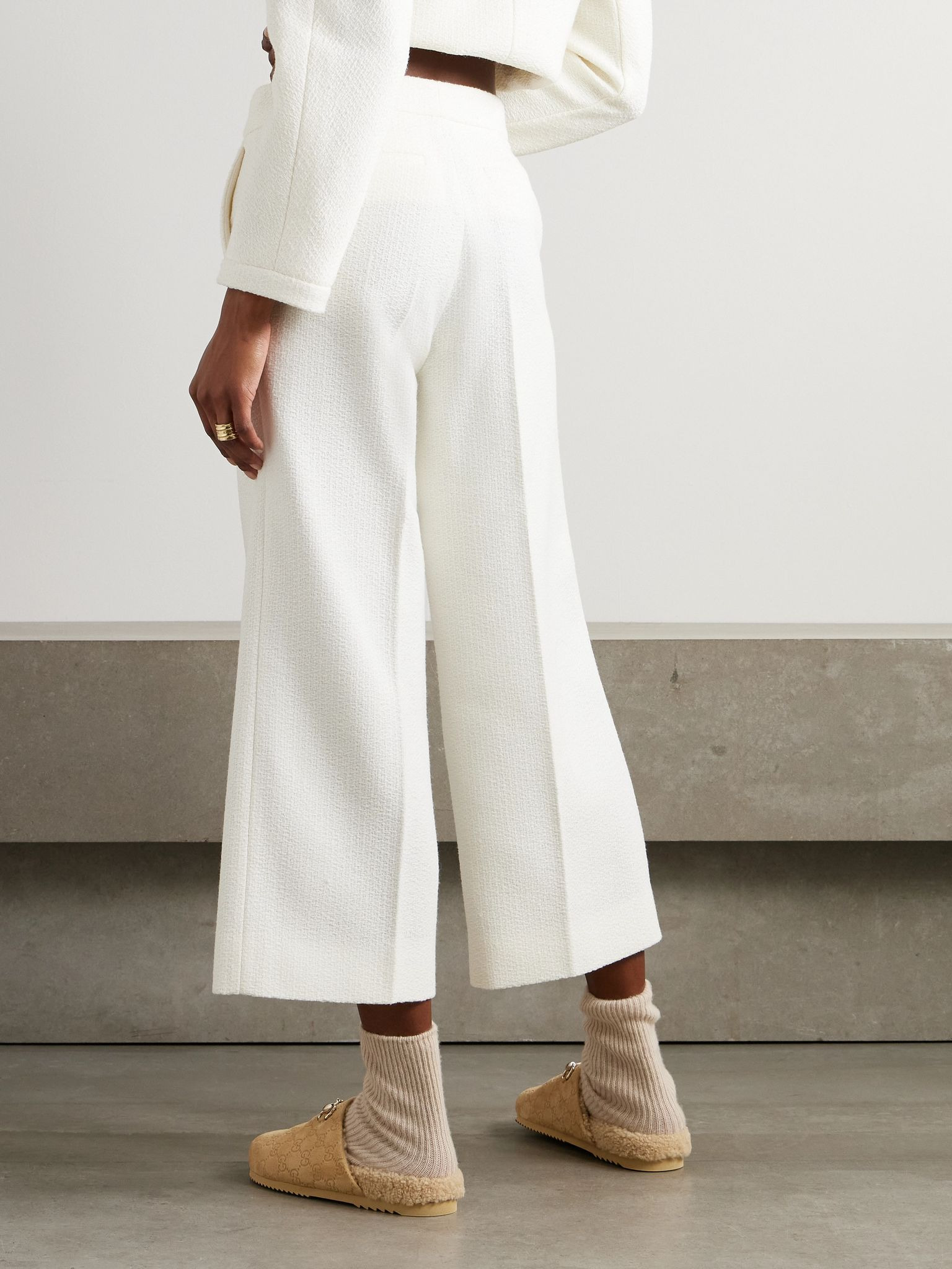 Wool-blend bouclé wide-leg pants Off-white - 3