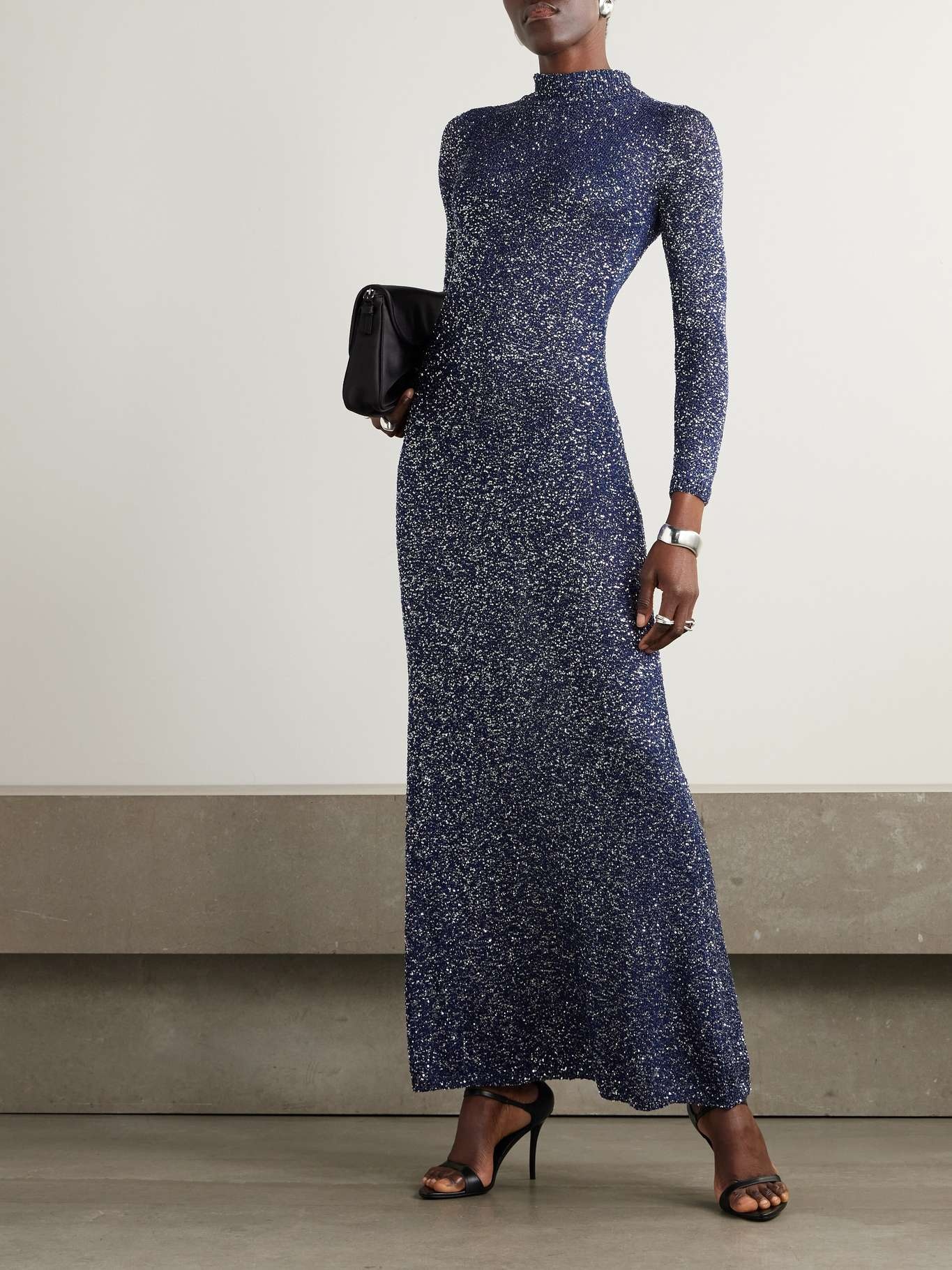 Sequined metallic-knit turtleneck maxi dress Navy - 2