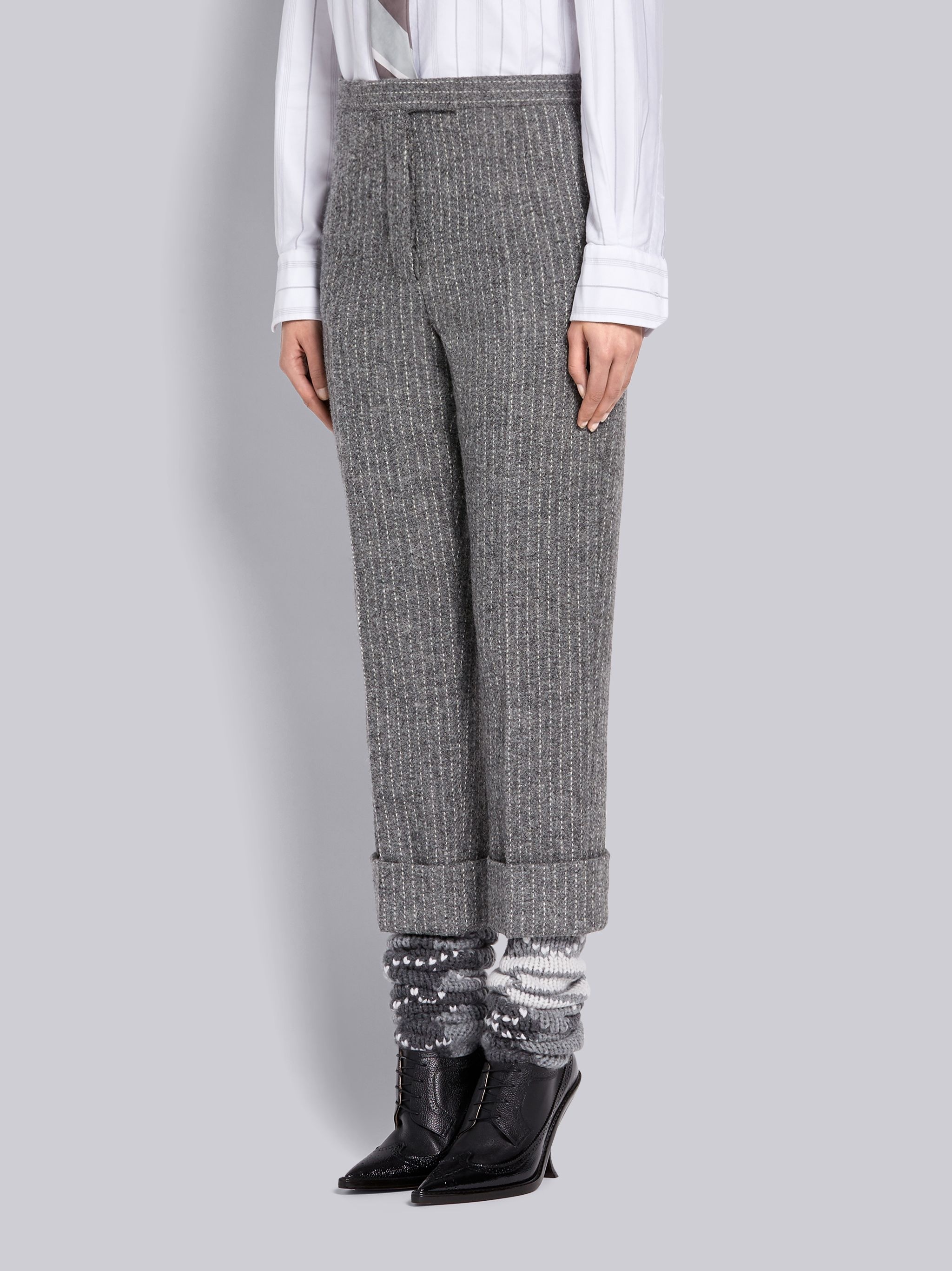 Medium Grey Harris Wool Tweed Chalk Stripe Classic Trouser - 2