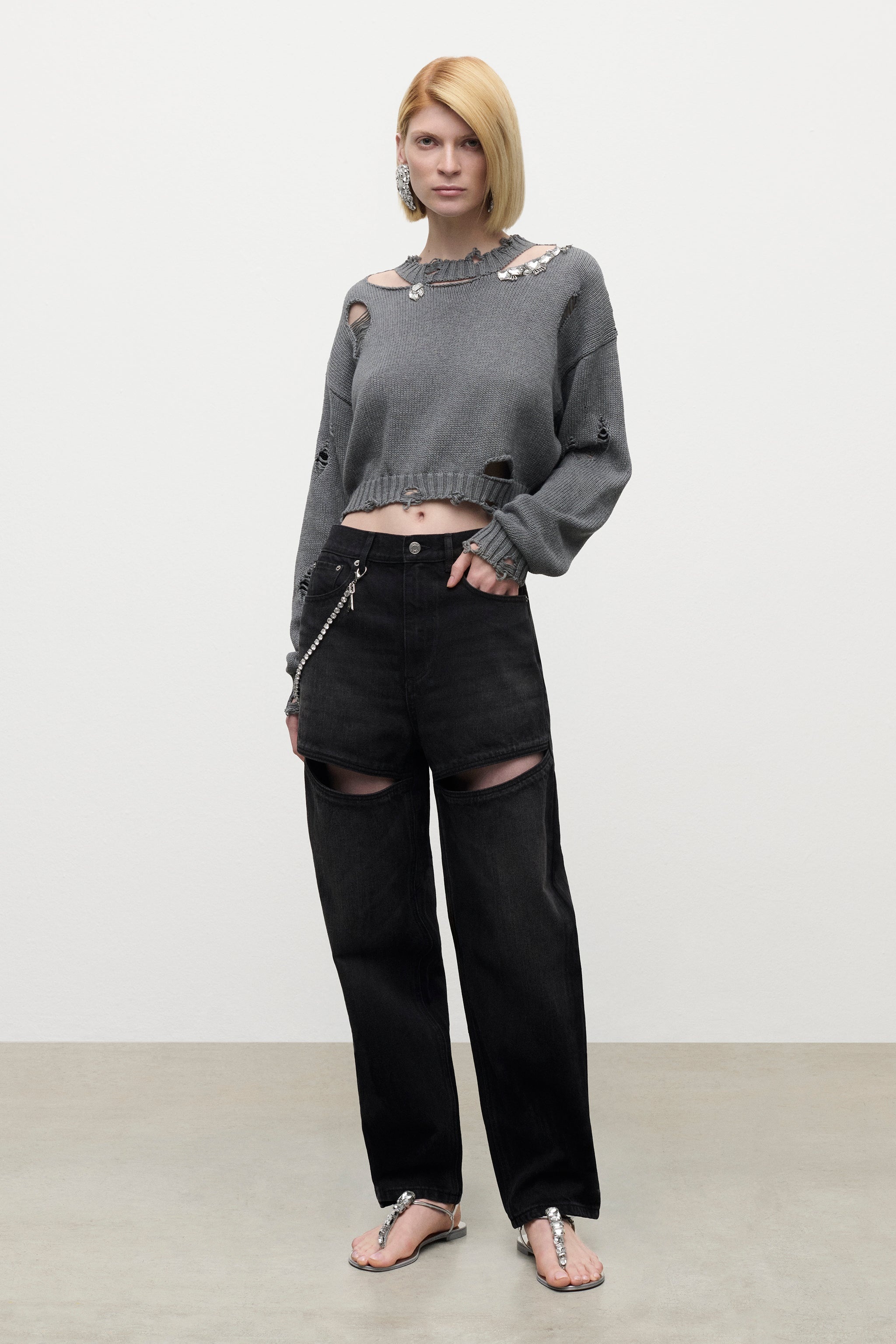 DISTRESSED CRYSTAL CREWNECK SWEATER - 3