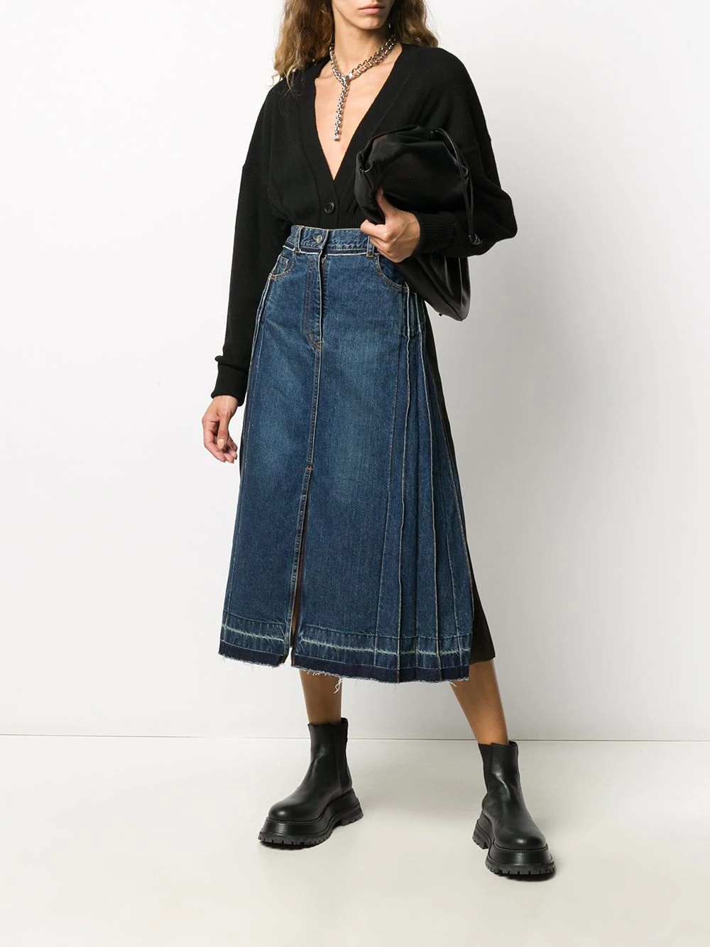 panelled denim pleated skirt - 2