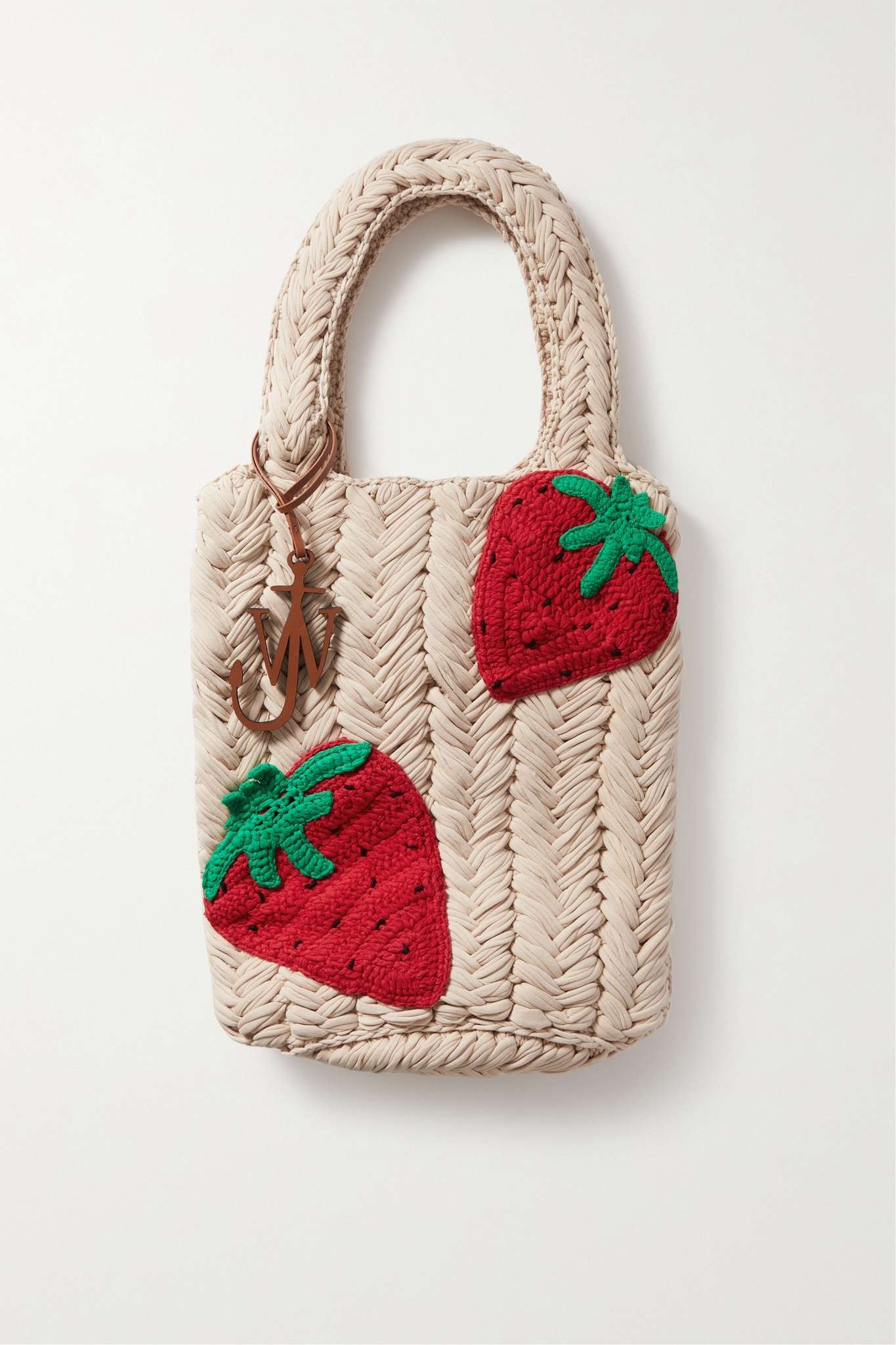 Strawberry leather-trimmed crocheted jersey tote - 1