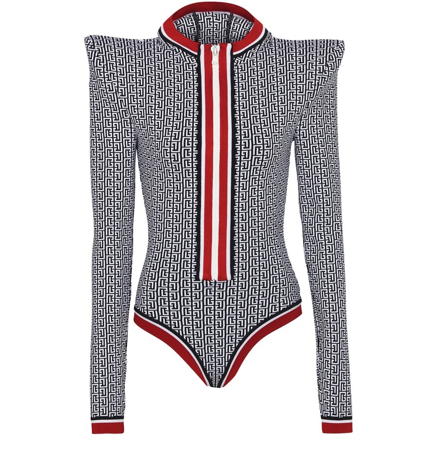 Hooded bodysuit in monogrammed mesh - 1