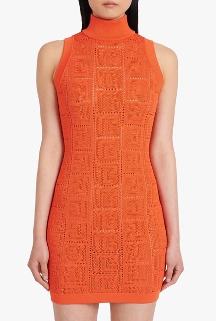 Short dark orange eco-designed knit dress with Balmain monogram - 5