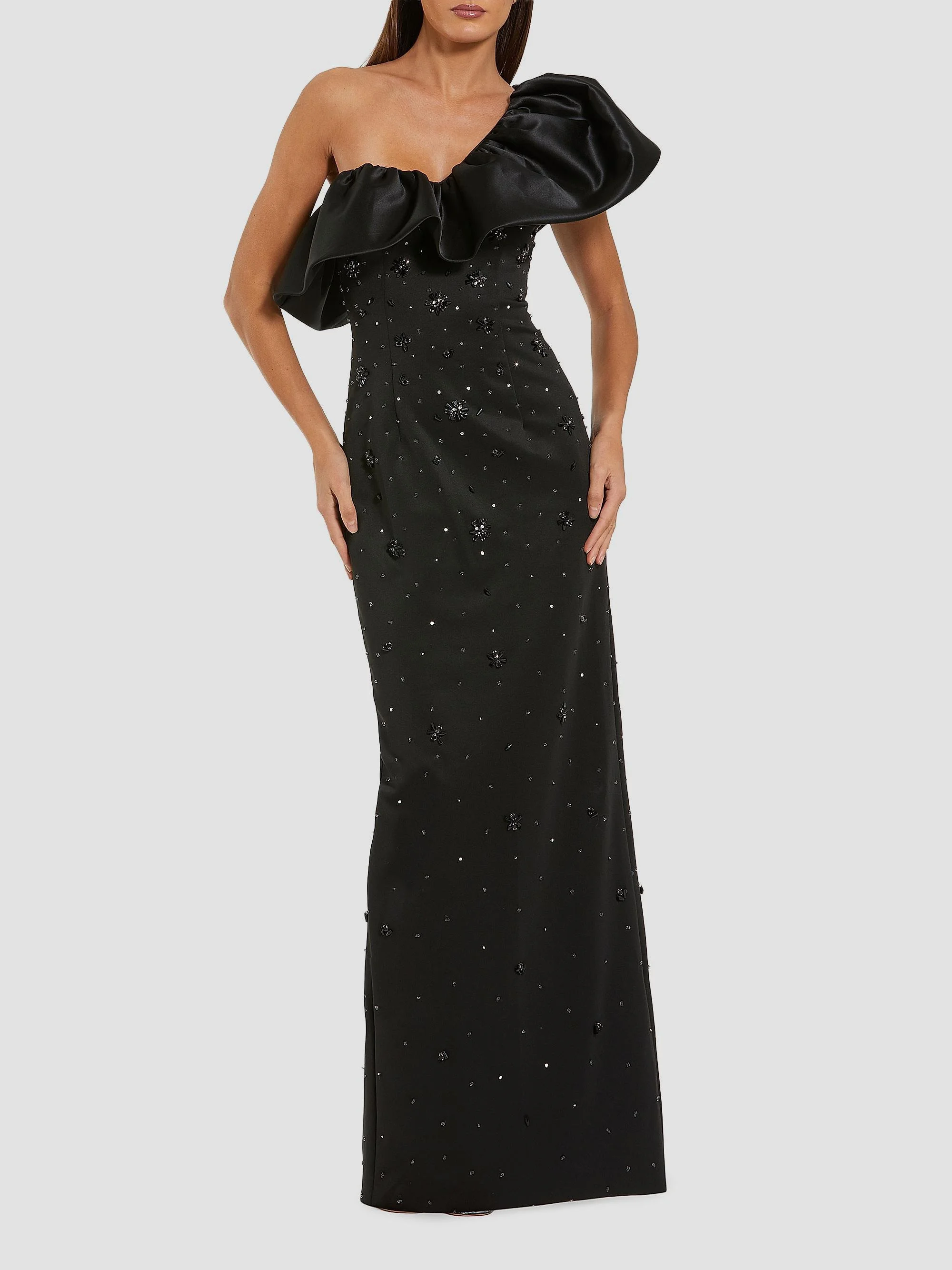 Women's Beaded Stretch Crepe One-Shoulder Column Gown - Black - 1