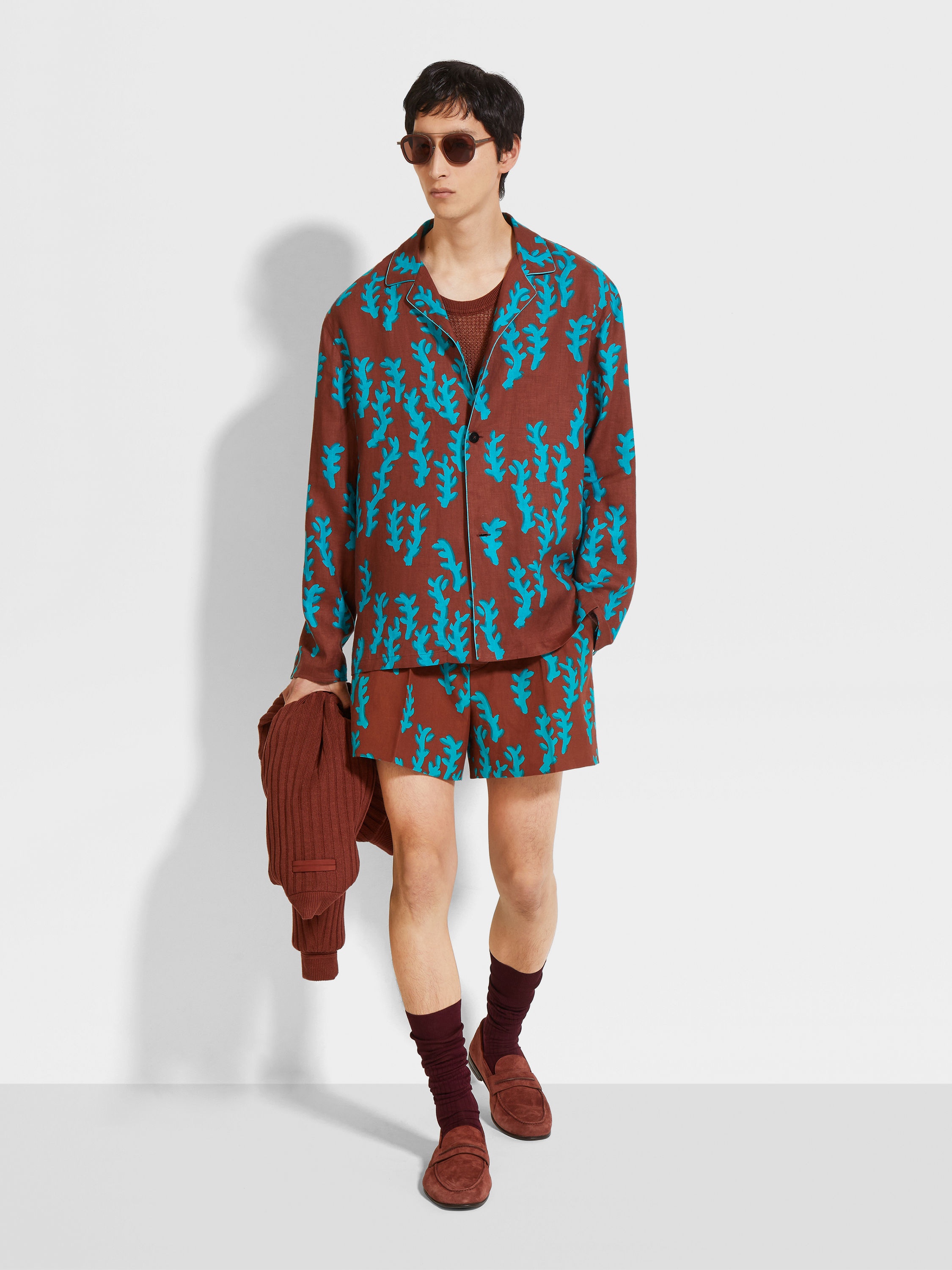 BRICK RED AND BRIGHT TEAL BLUE OASI LINO SHORTS - 3
