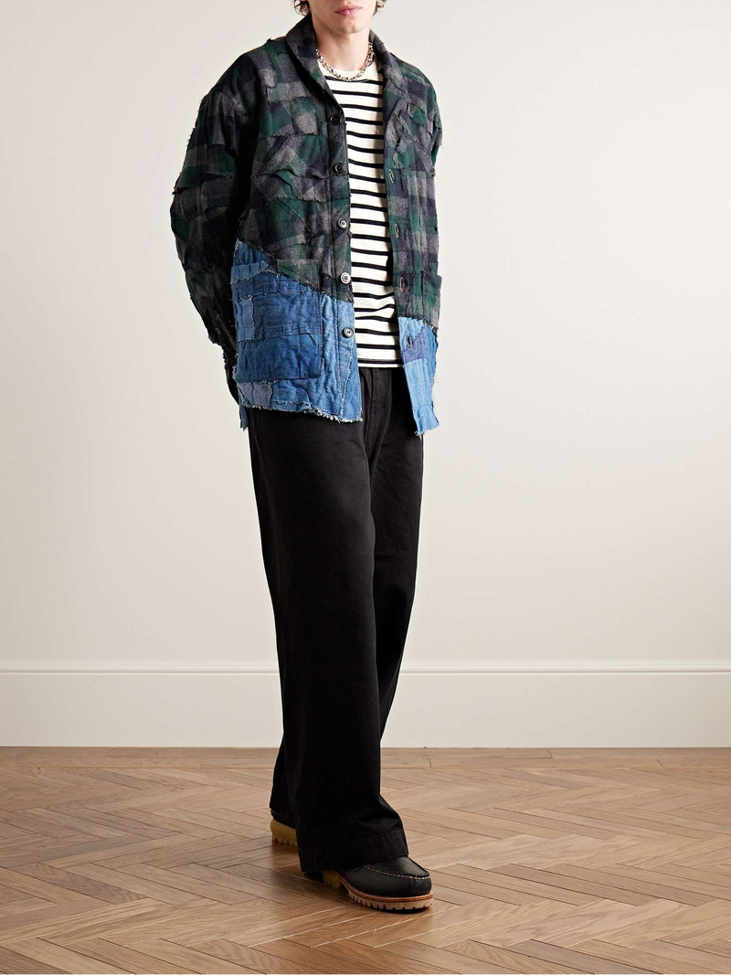 Greg Lauren Patchwork Checked Cotton-Flannel and Distressed Denim Overshirt outlook