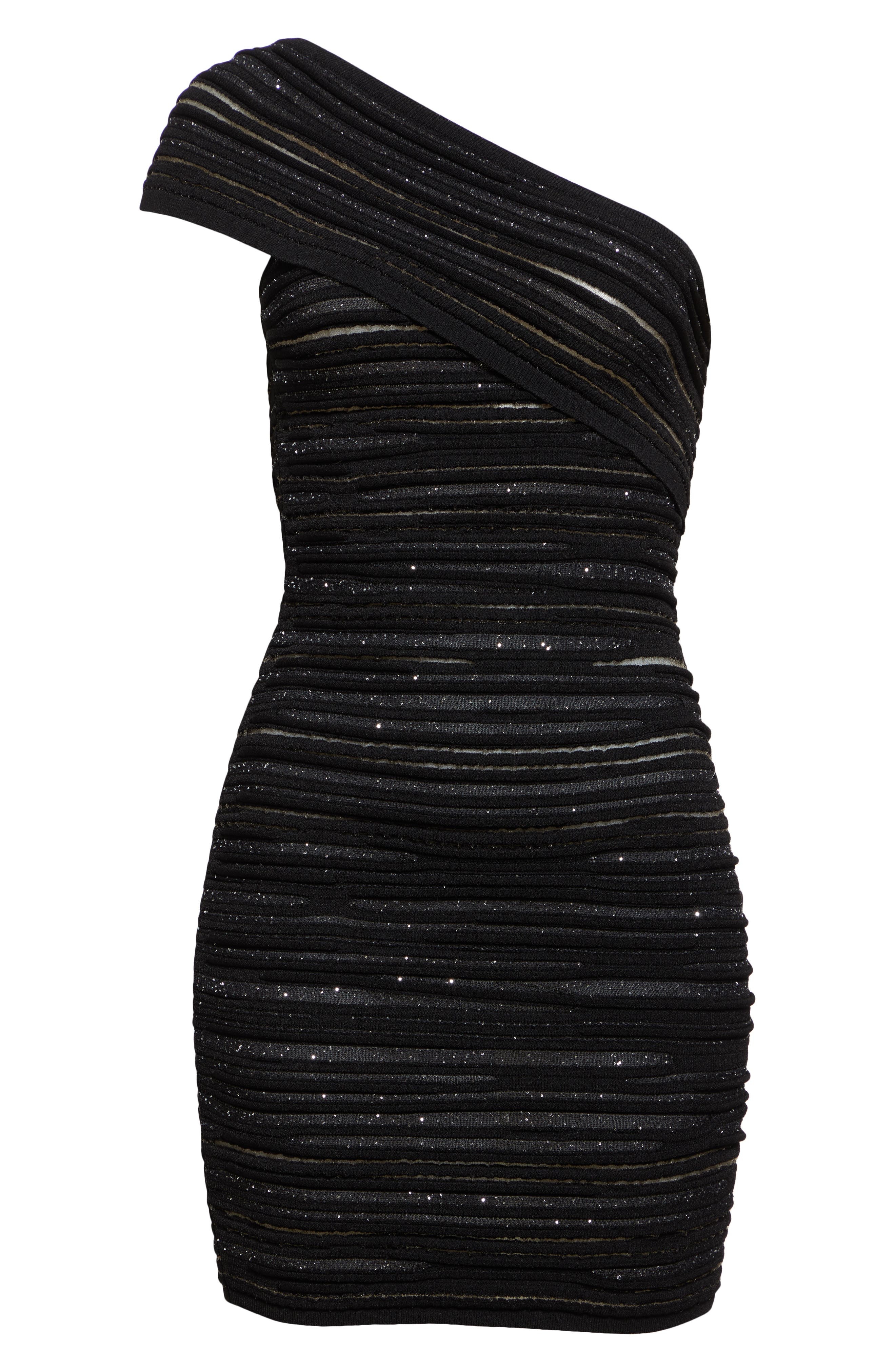 Balmain Shiny Rolled Knit One-Shoulder Minidress in Black/Silver at Nordstrom - 6