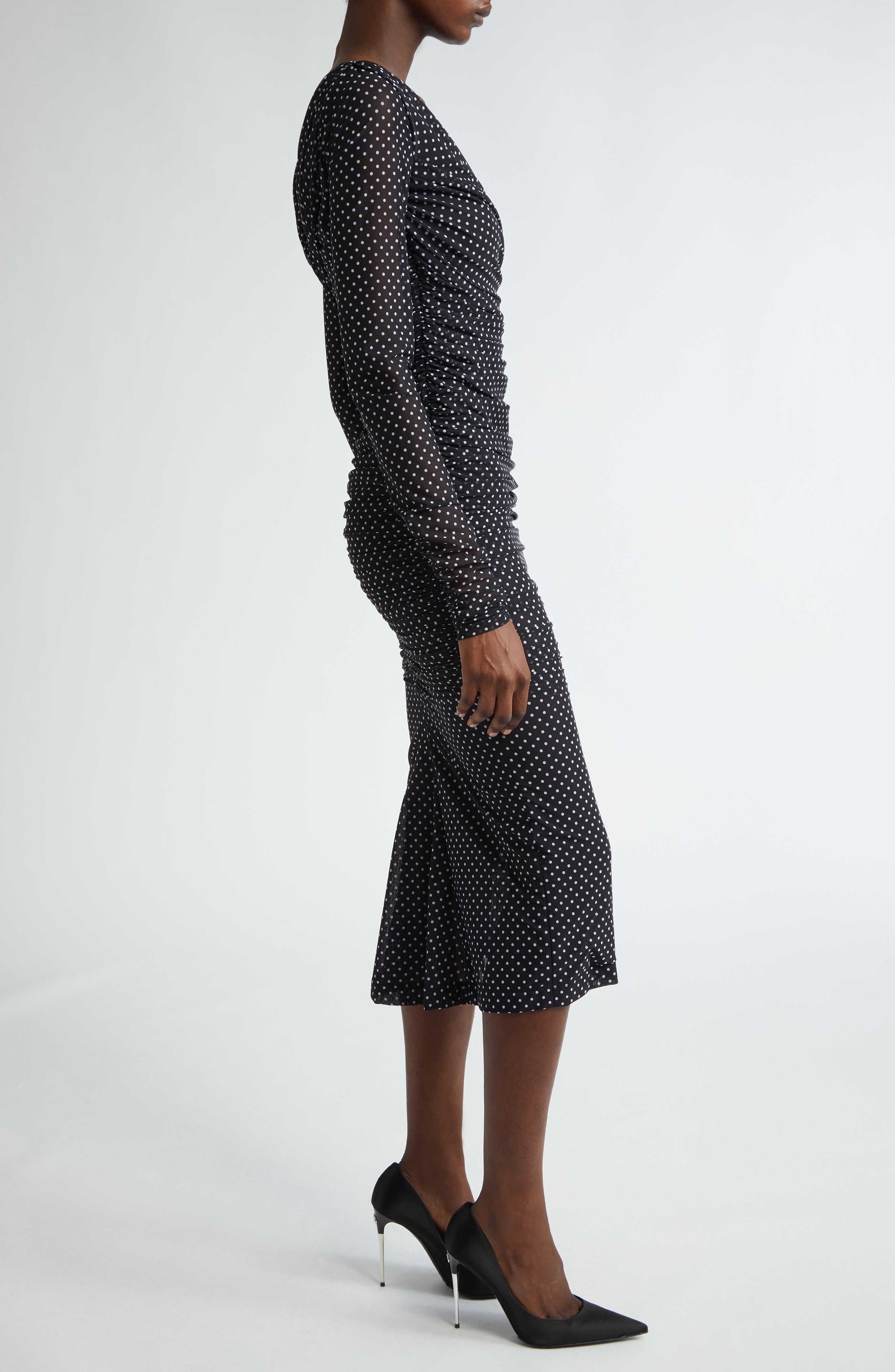 Dolce&Gabbana Polka Dot Ruched Long Sleeve Tulle Dress in Black/White at Nordstrom - 3