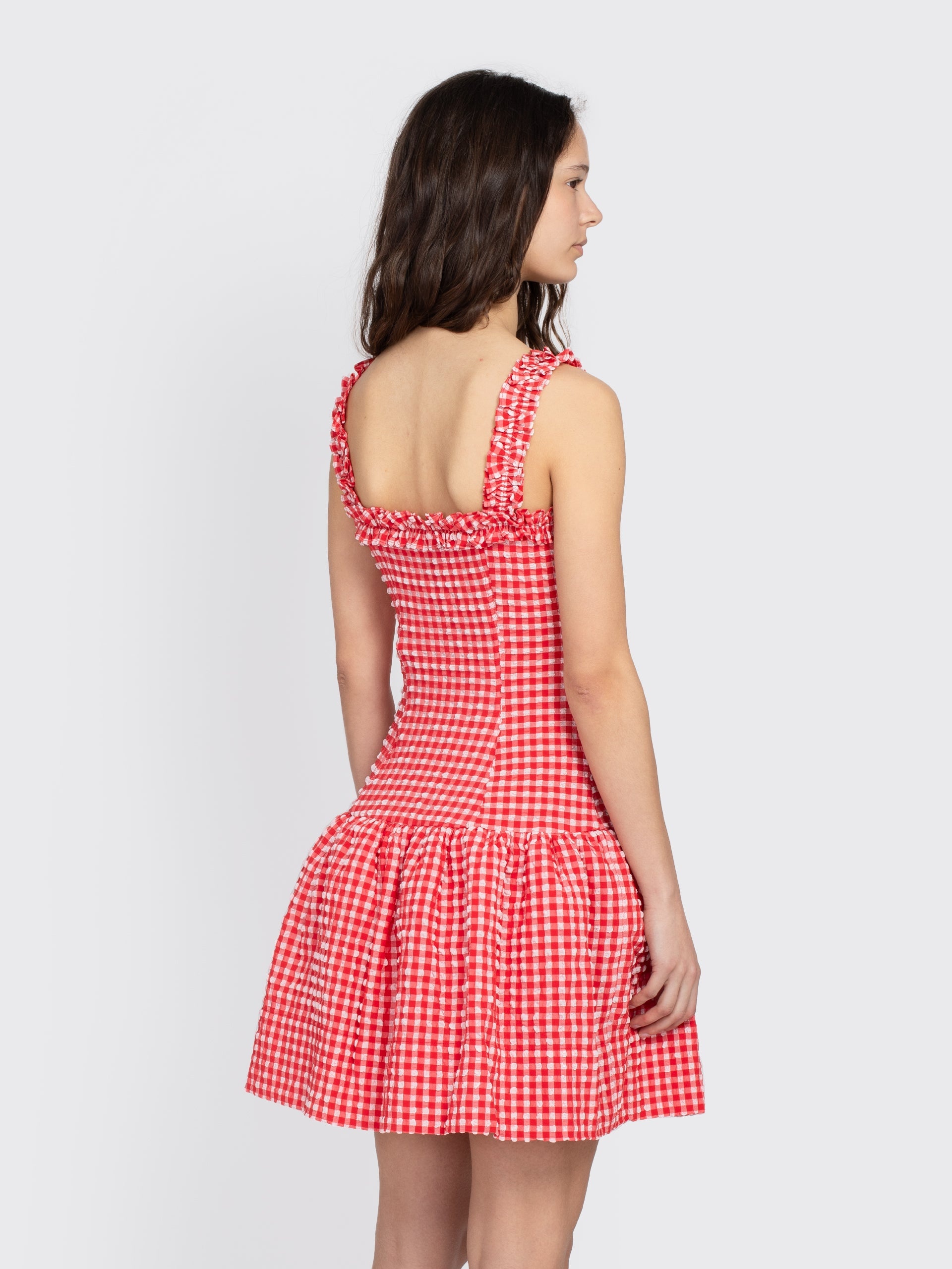 Stretch Seersucker Strap Ruffle Mini Dress - 3
