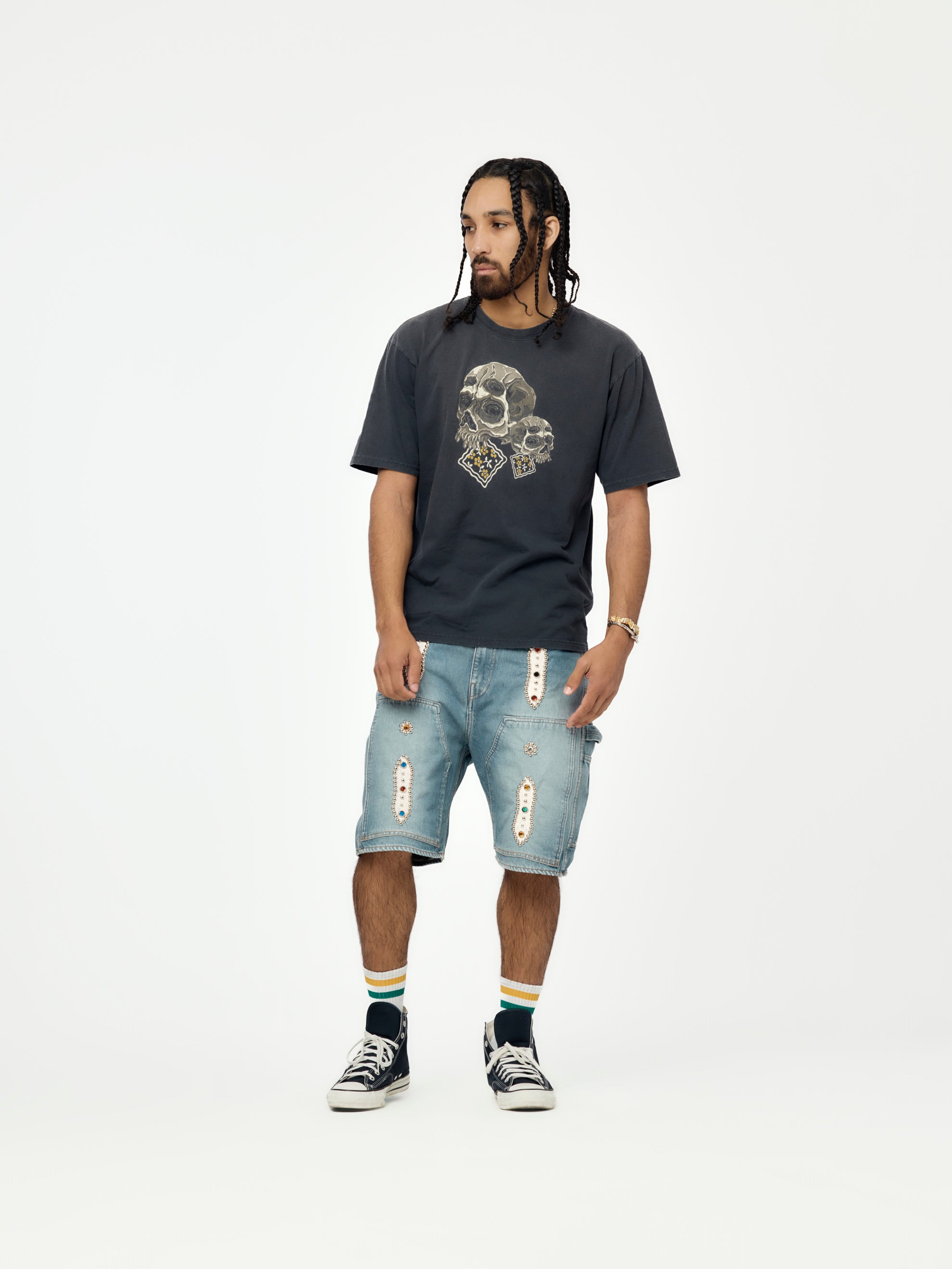 14OZ DENIM STUDS REMAKE SHORTS - 4